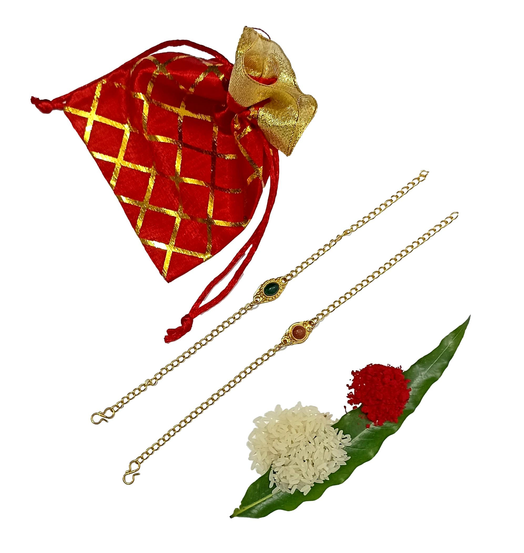 Rakhi Set of 2 For Brothers Golden bracelet with Roli, Rice and Gifting Pouch