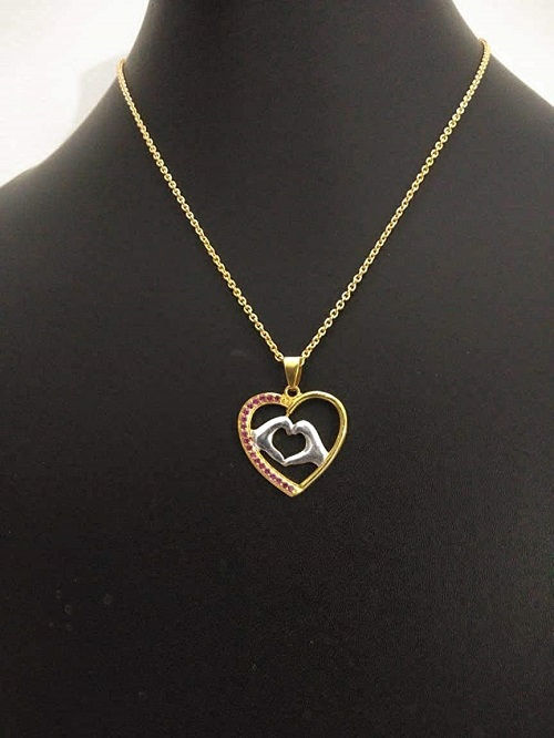 Thumbnail: Athizay Love Embrace Pendant Necklace – Gold Heart Burgundy Stone Accents & Hand