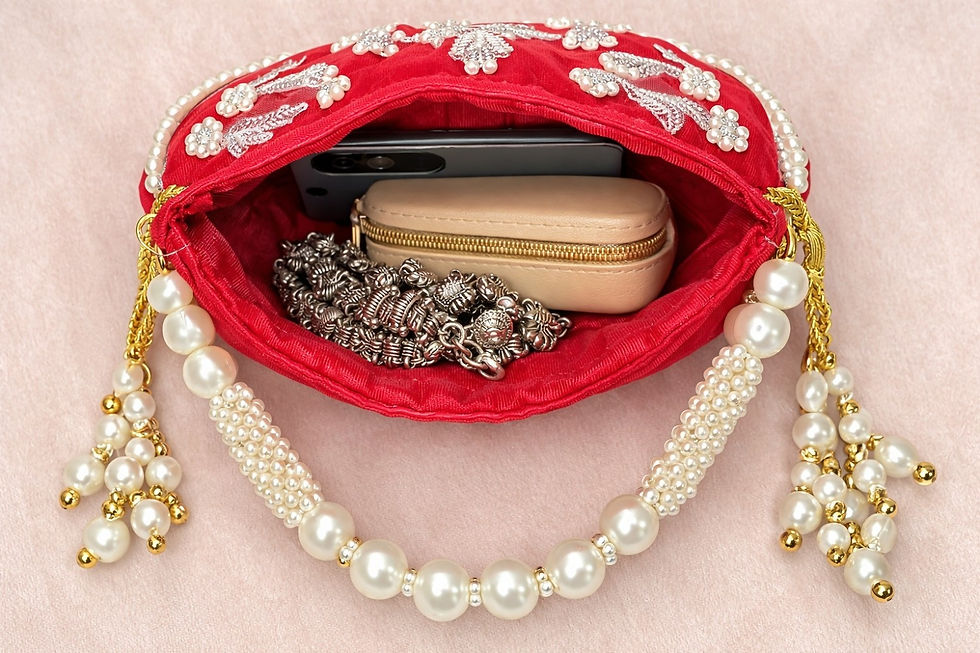 Thumbnail: athizay Potli Bag Classic Red Silk Potli with Intricate Beadwork,Call:8860010199