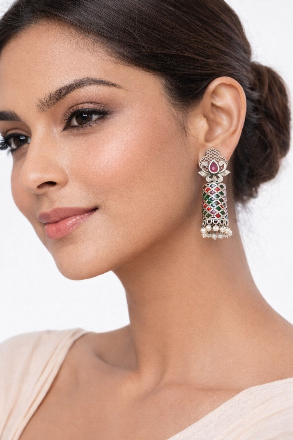 Athizay Vintage Meenakari Long Jhumka Earrings Pink Stone Bead, Call: 8860010199