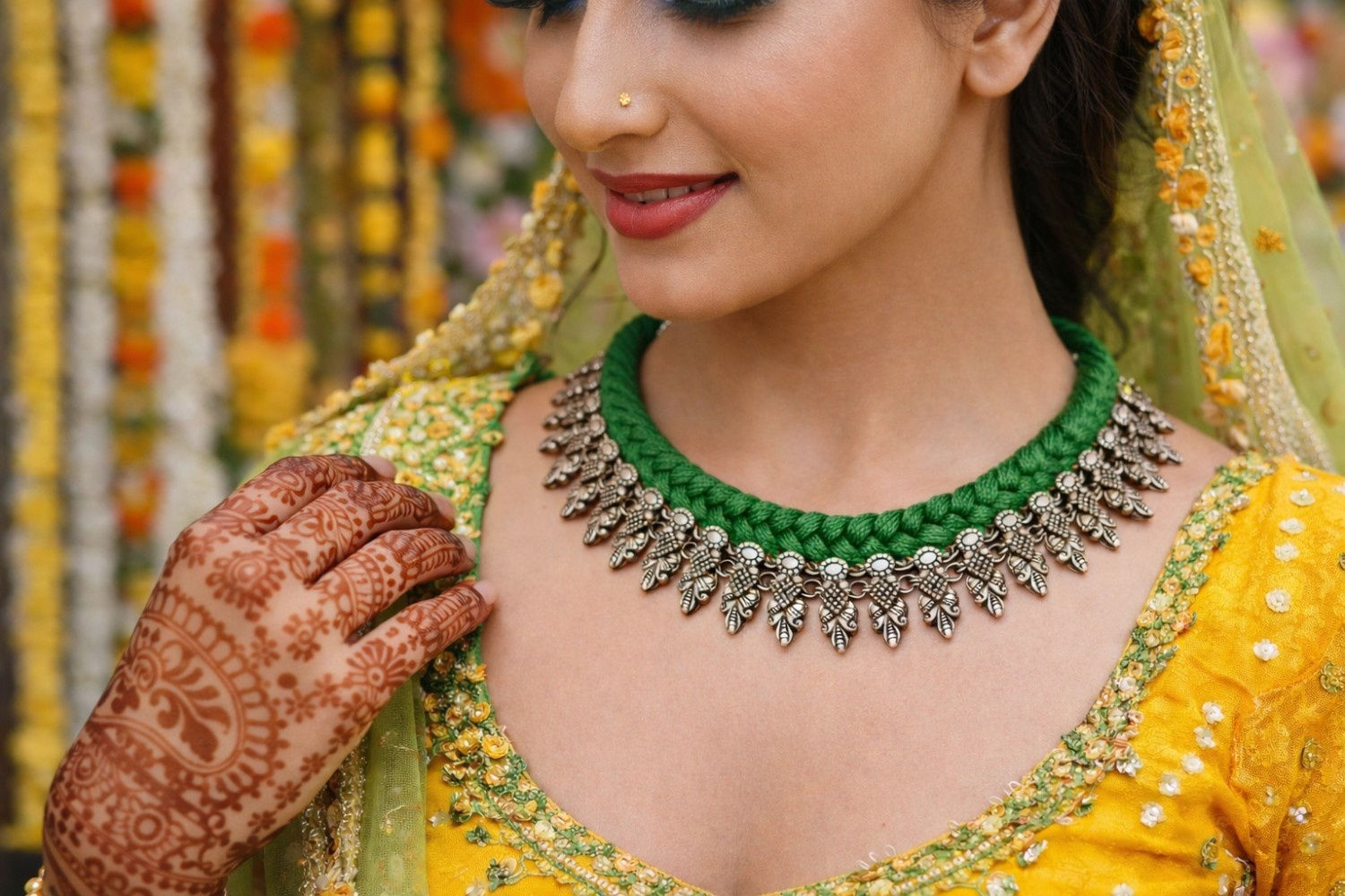 athizay Green Thread Choker Necklace Oxidised Silver Plated Boho Call:8860010199