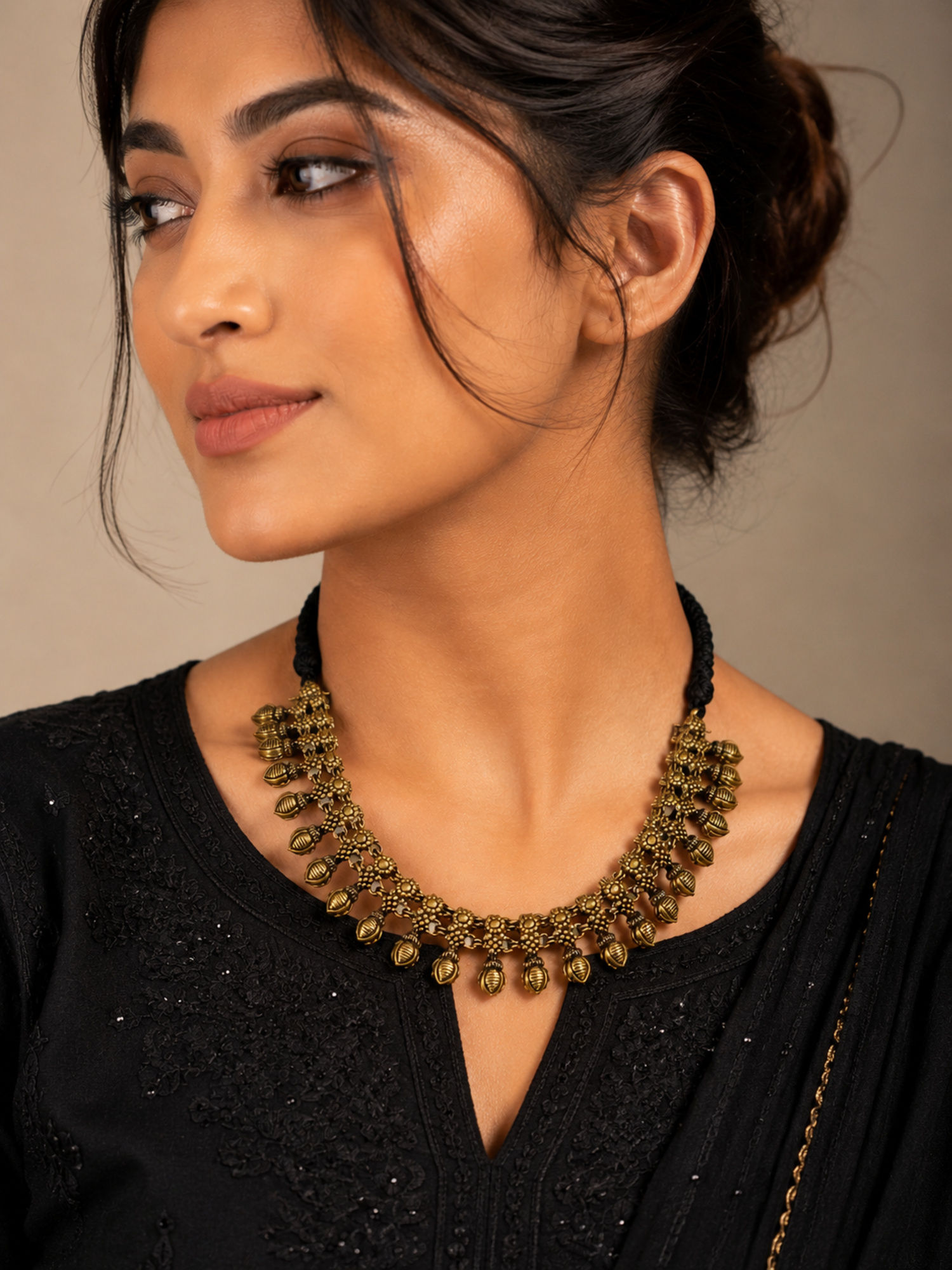 Athizay Oxidised Golden Tribal Necklace with Black Adjustable Thread for Women