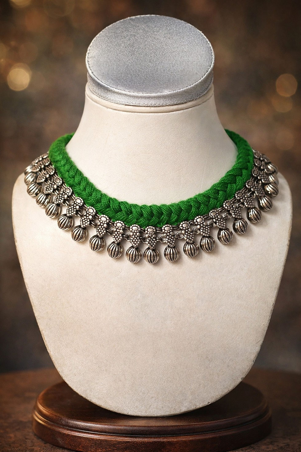 Thumbnail: athizay Green Thread Choker Necklace Oxidised Silver Plated Boho Call:8860010199
