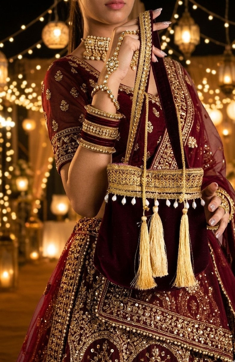 Athizay Kosh Bridal Potli Redwine Velvet with Pearl & Tassels, Call: 8860010199