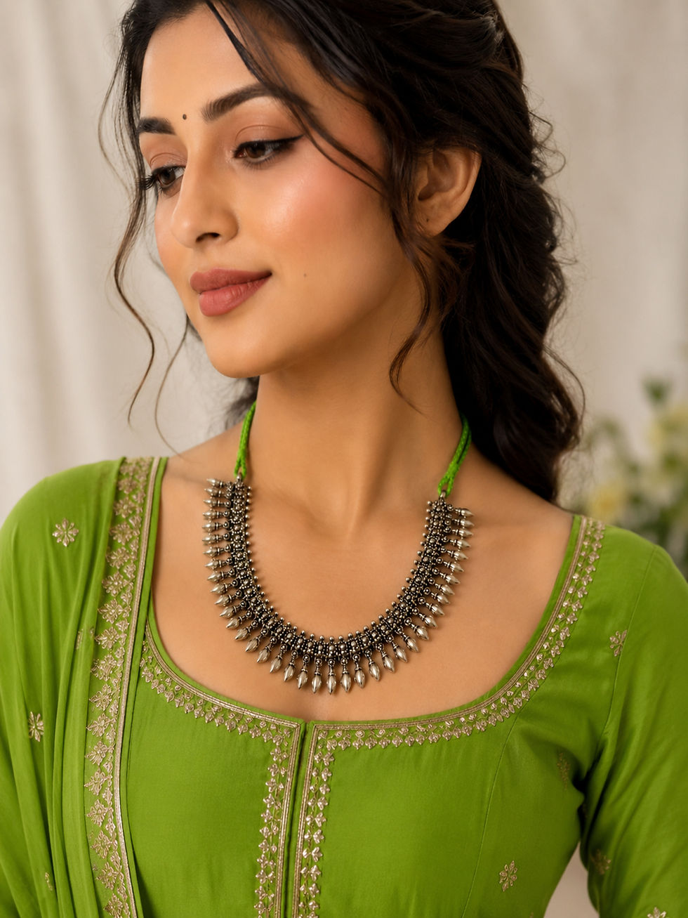 1. Woman wearing a green thread oxidised silver necklace with intricate traditional detailing, styled with a green ethnic out