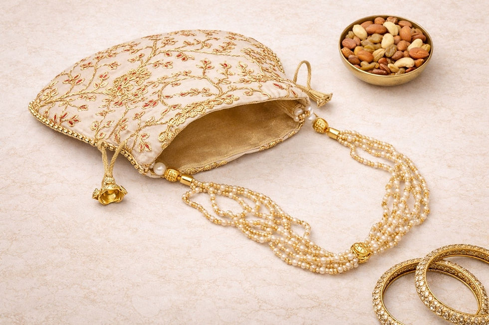 Thumbnail: Champagne Beige Embroidered Potli Bag Set (Pack of 4) Pearl Handle & Drawstring