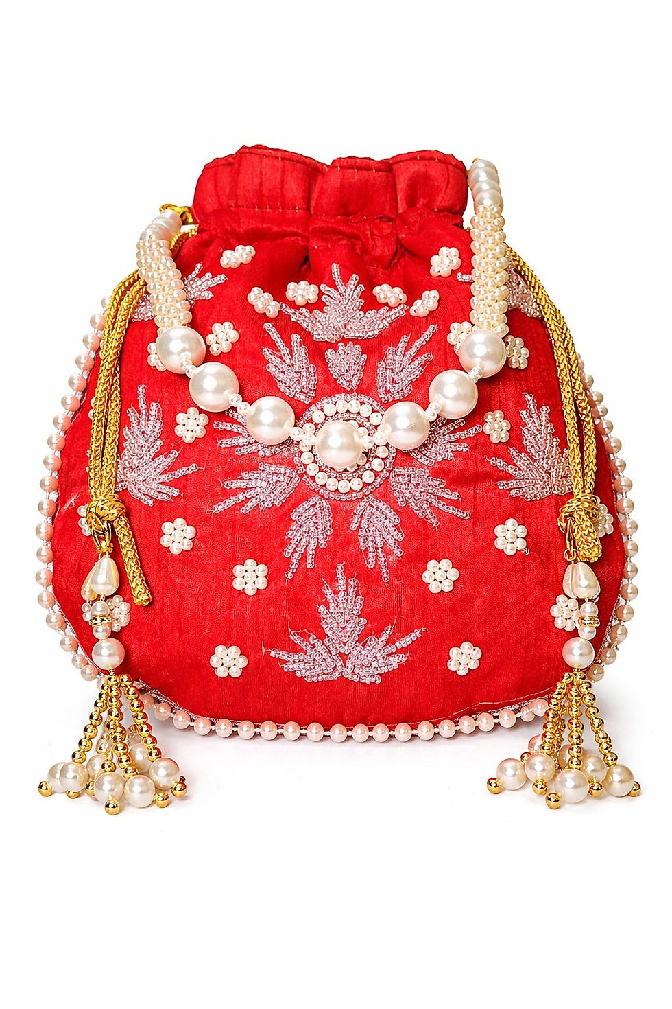 Thumbnail: athizay Potli Bag Classic Red Silk Potli with Intricate Beadwork,Call:8860010199