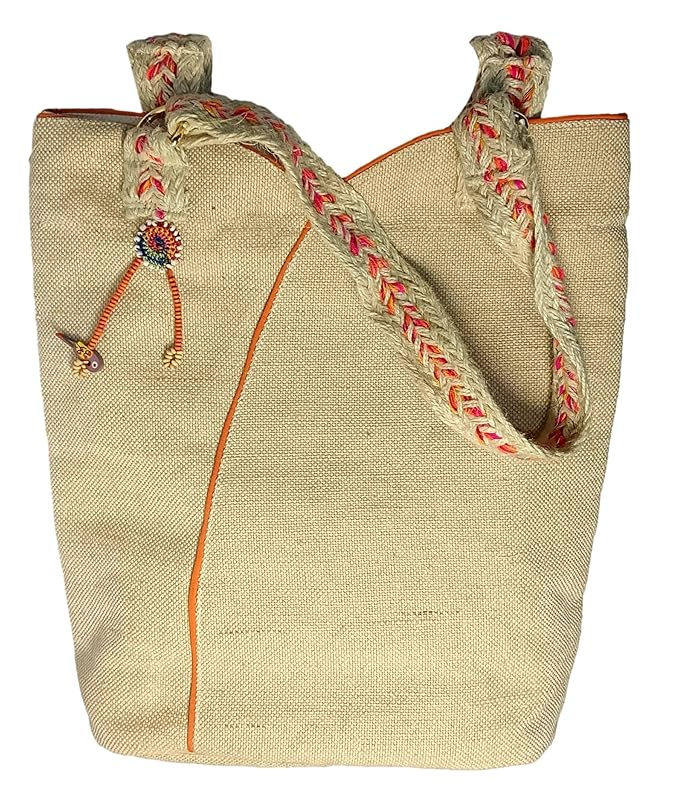 Thumbnail: Athizay Scoop Top JUCO Tote Bag for Women – Off-White with Orange Piping