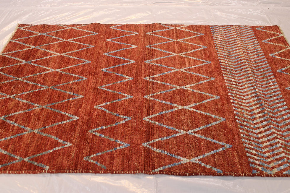 Thumbnail: 4x6 ft Modern Red Berber Rug, Blue Patterns, Red Background, Hand Knotted Afghan