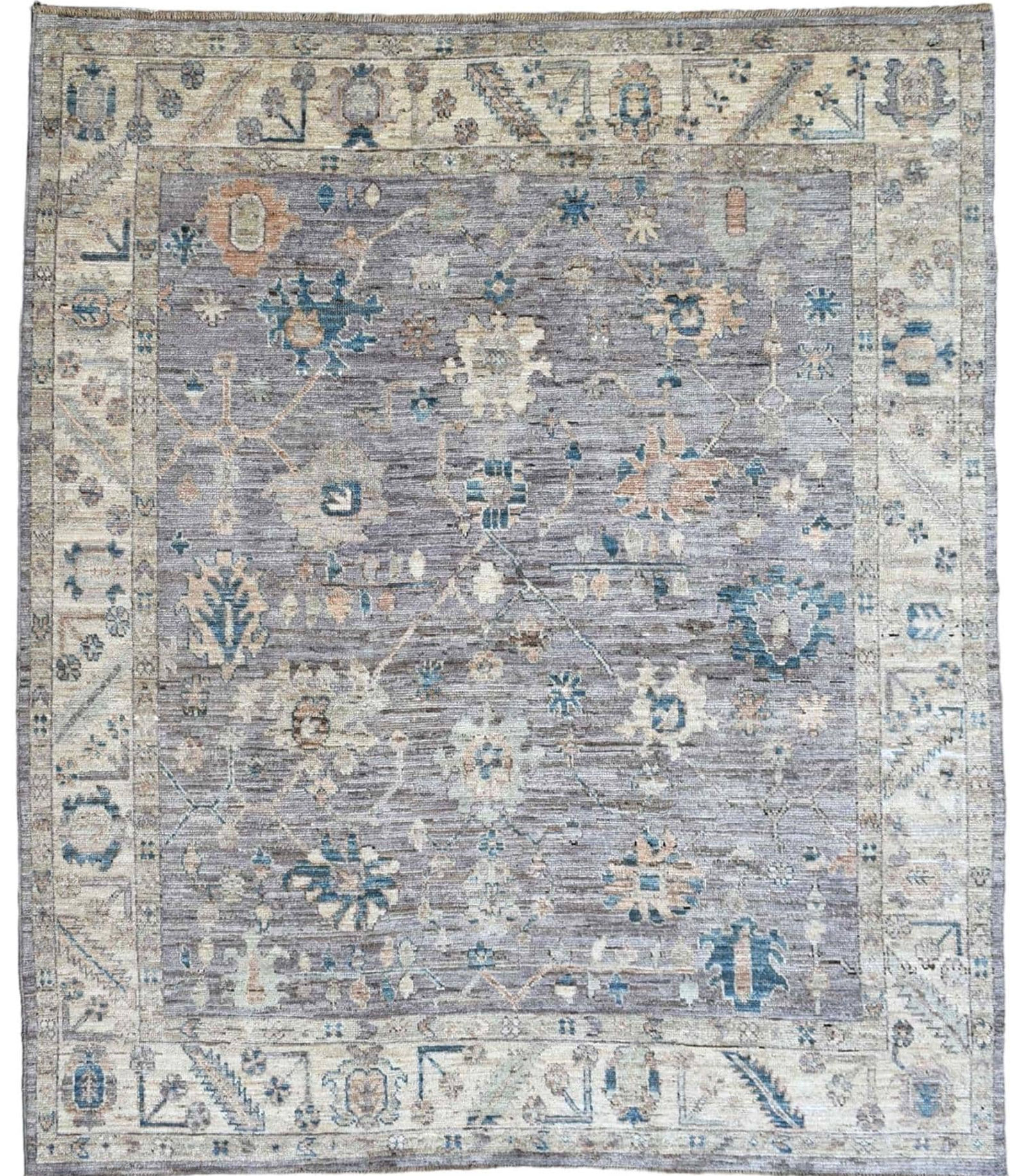 8x10 ft Gray Traditional Ushak Area Rug, Persian Style Rug with Border, Handmade
