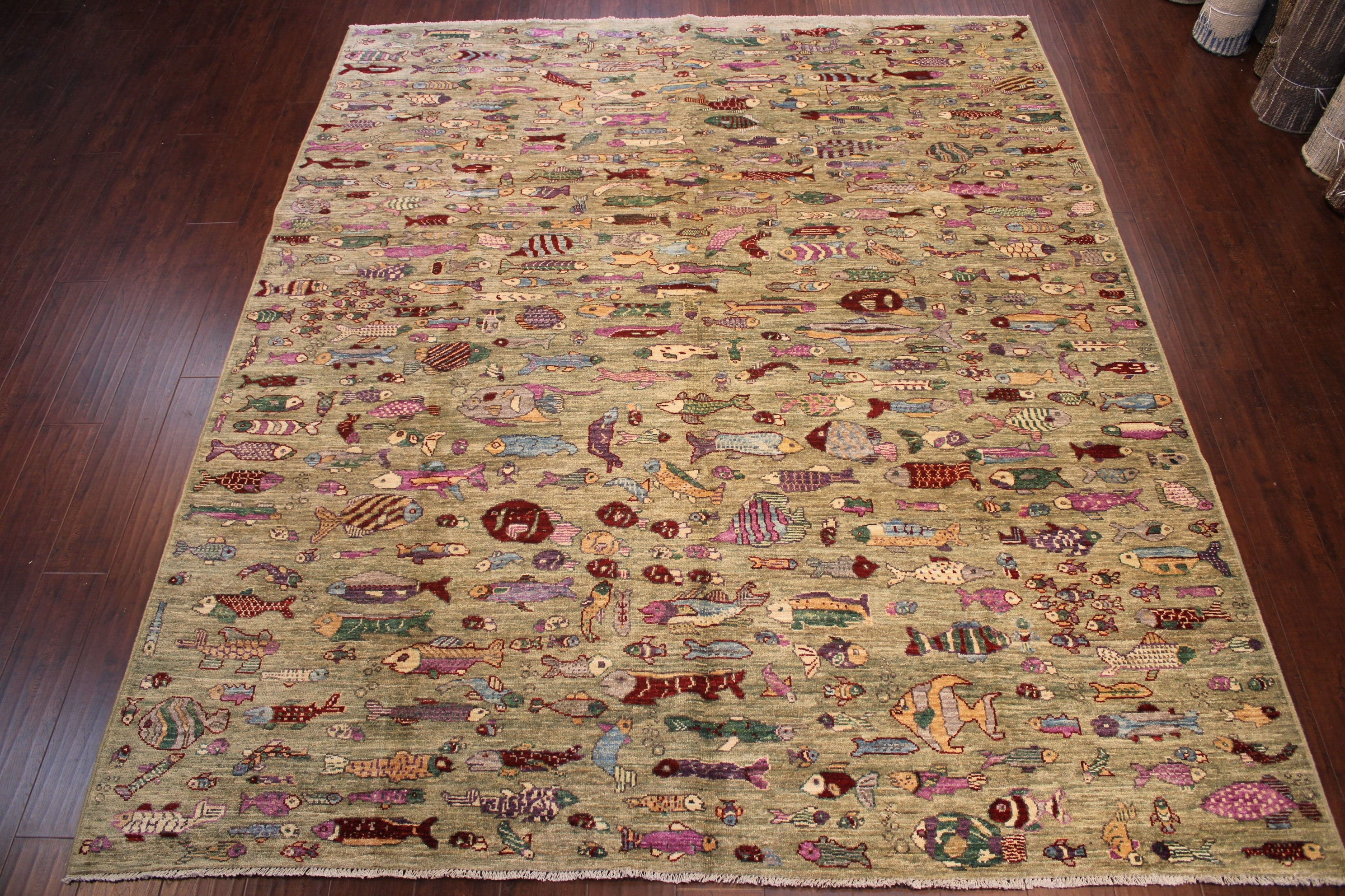 8x10 ft Green Fishy Rug - Hand Knotted Afghan Rug - Bedroom Rug- Living Room Rug