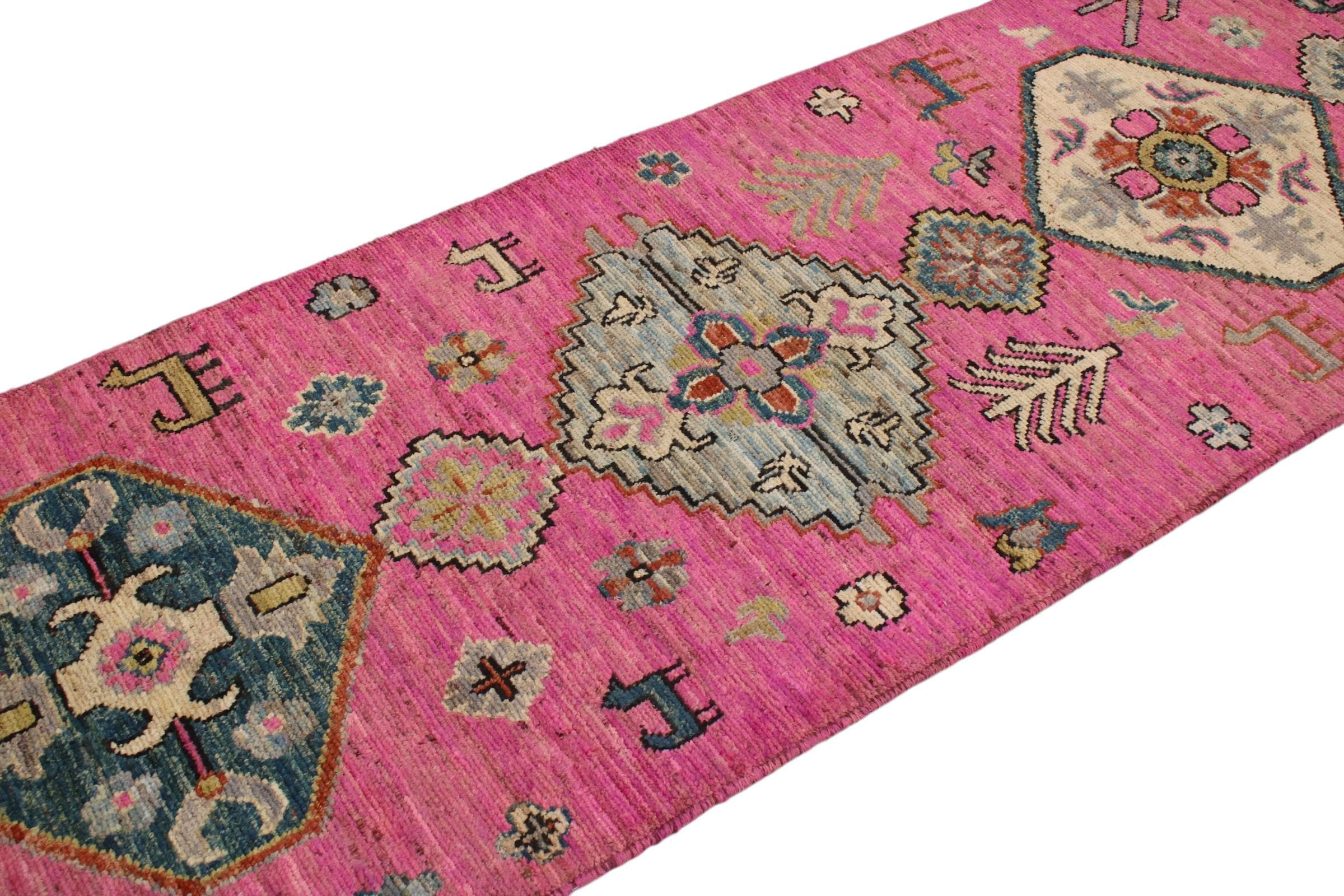 13 Ft Oushak Runner Rug, Pink Blue Cream Hand knotted Wool Turkish runner Rug, S