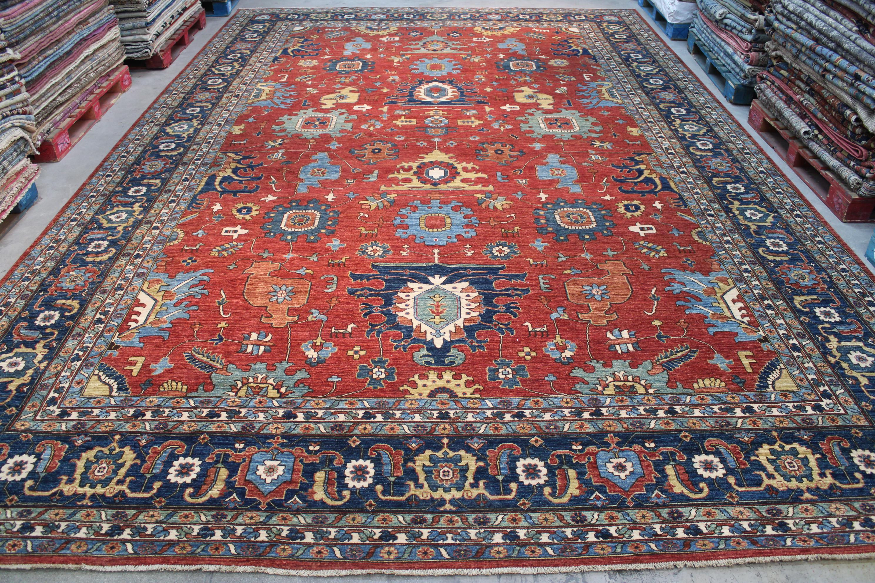 12x18 Red Persian Design Rug - Fine Knotted Serapi Area Rug - Afghan Wool Veg Dy