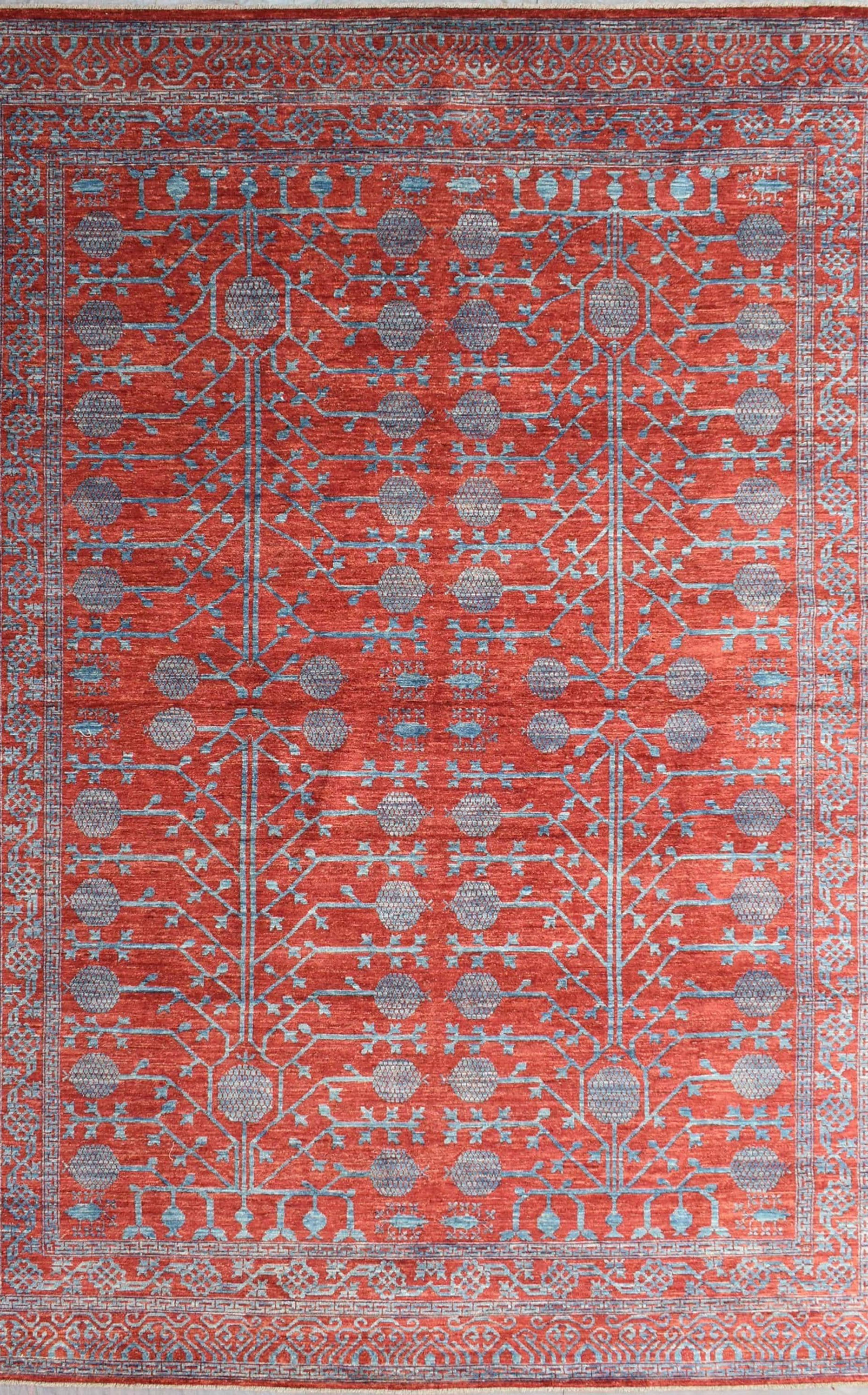 10x14 ft Red Blue Khotan Area Rug, Pomegranate Tree Afghan Rug, Contemporary Col