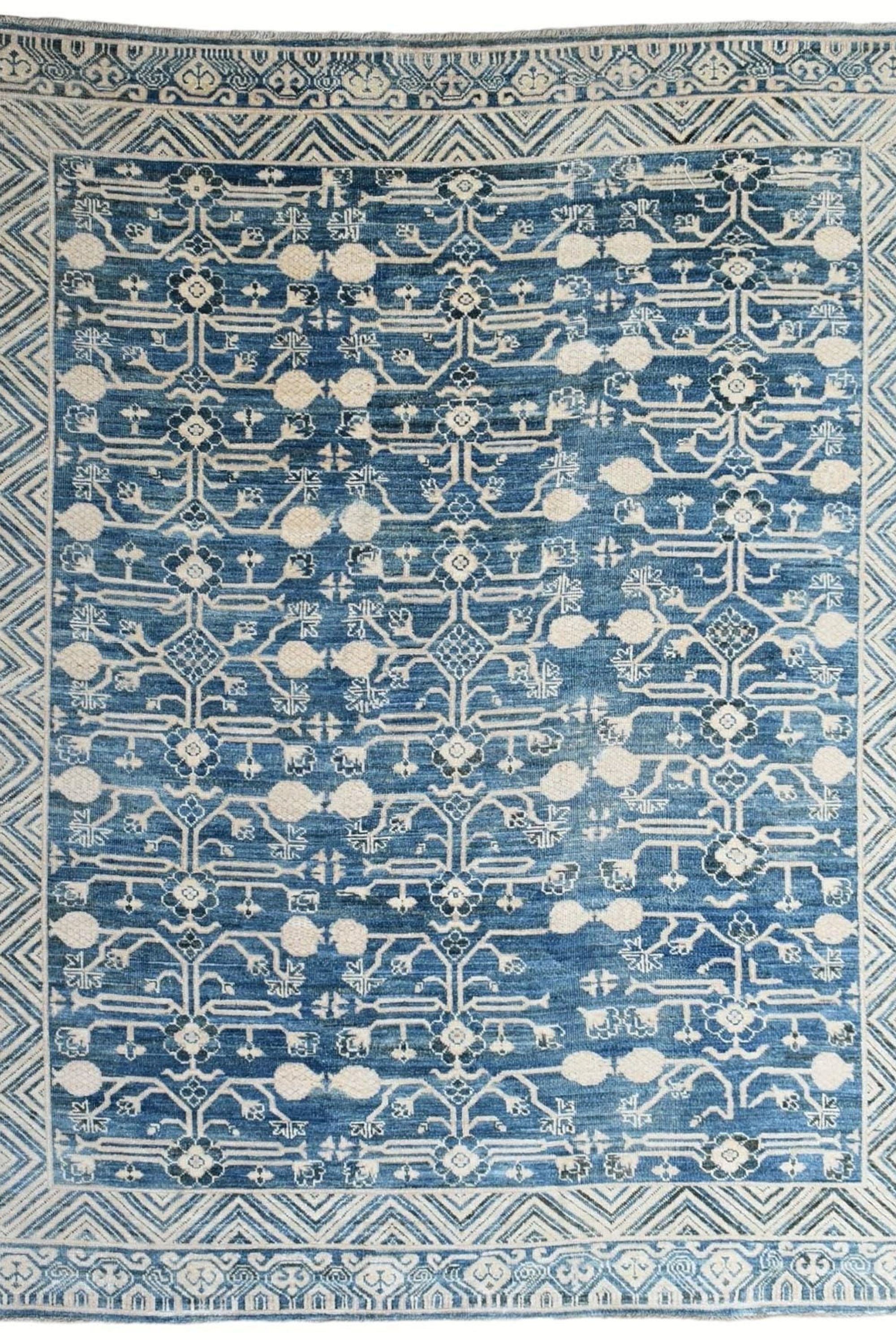 8x10 ft Blue Pomegranate Tree Rug, Oriental Soft Tribal Rug, Handmade Wool Veg D