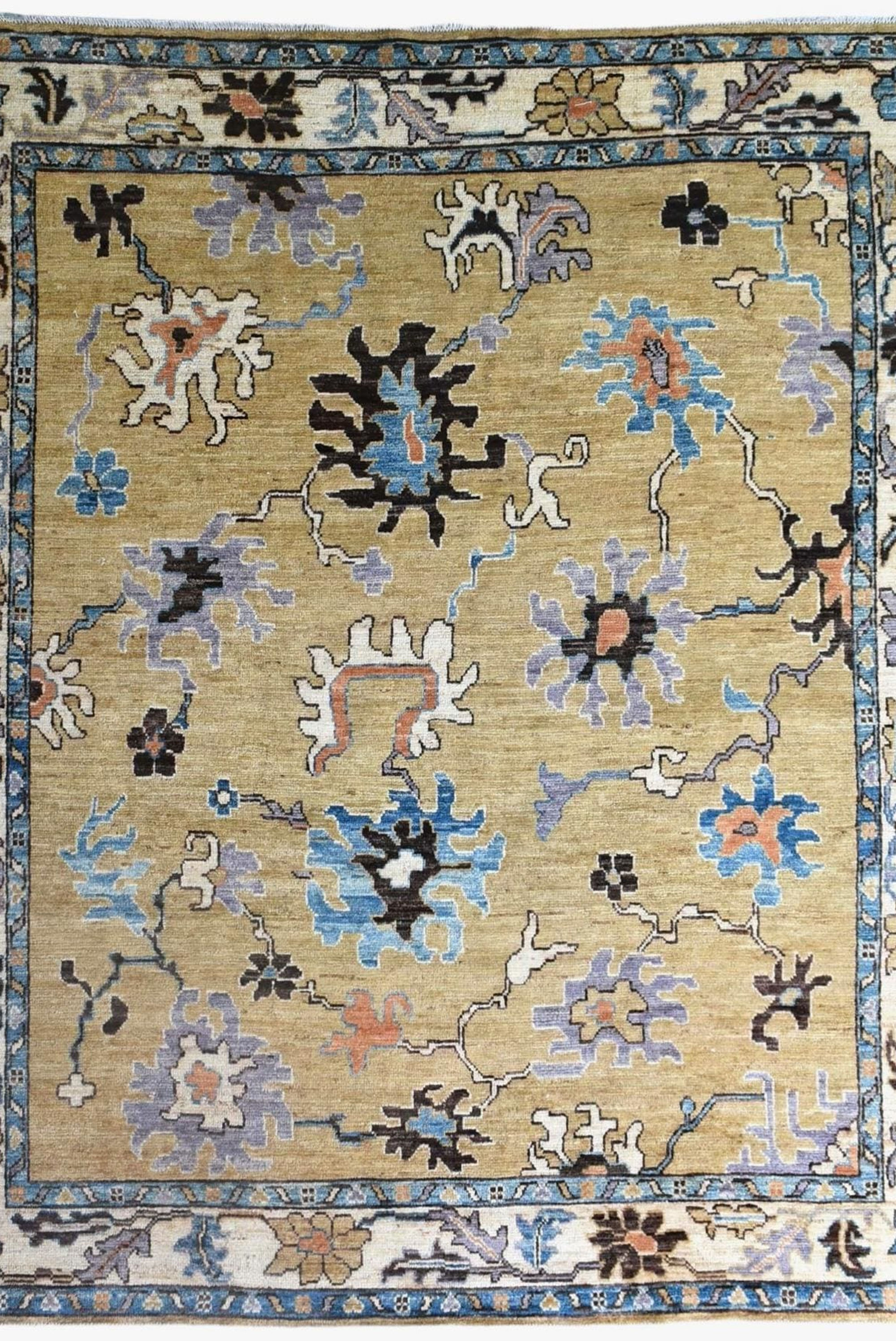 8x10 ft Green Oushak Border Design Rug, Floral Area Rug, Vegetable Dyed Rug, Woo