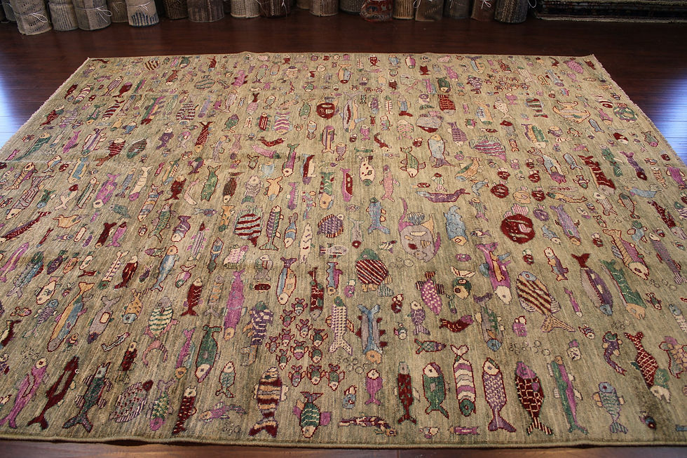 Thumbnail: 8x10 ft Green Fishy Rug - Hand Knotted Afghan Rug - Bedroom Rug- Living Room Rug