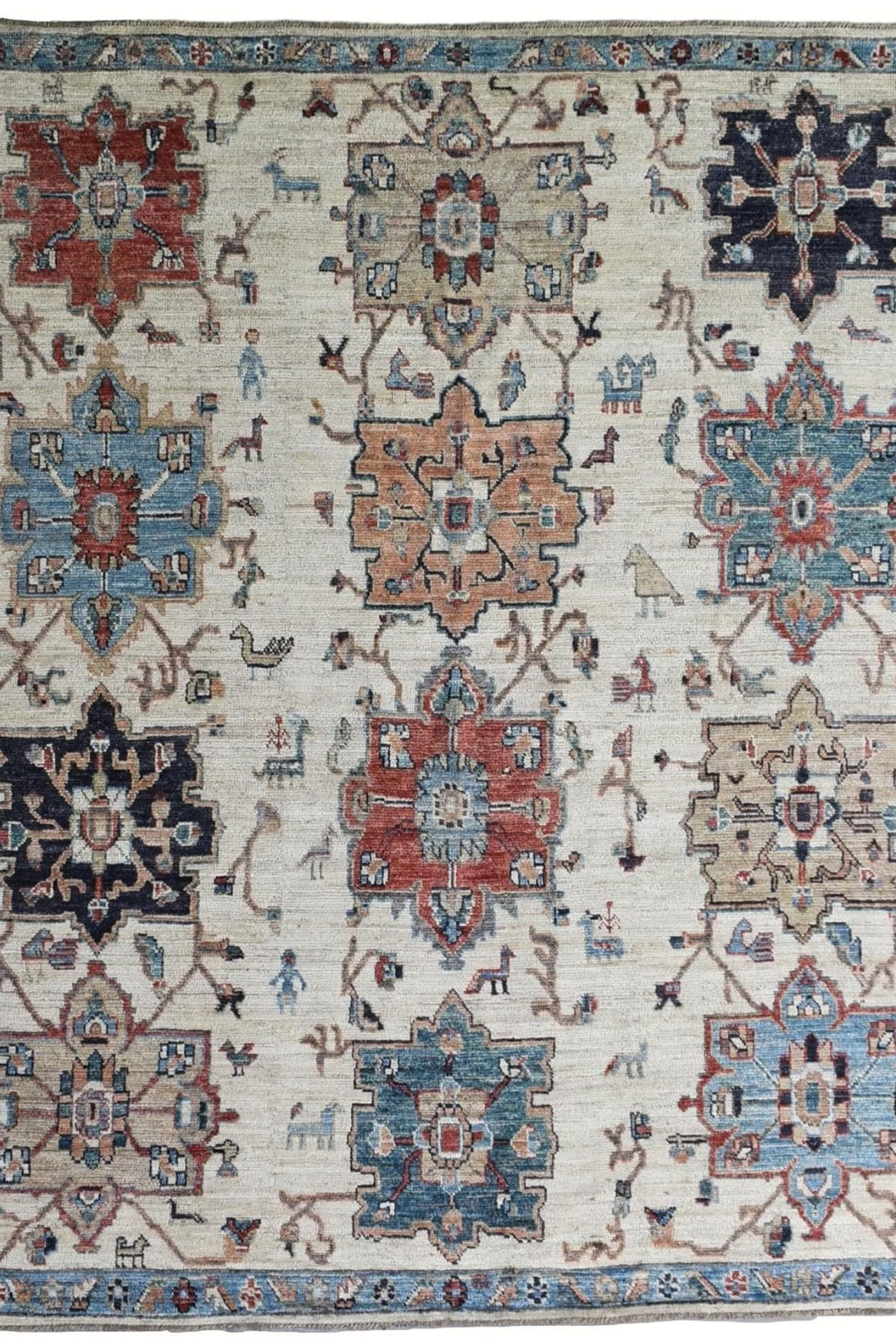 8x10 ft Beige Karaja Ushak Area Rug, Persian Style Ikat Garden Rug, Handmade Woo