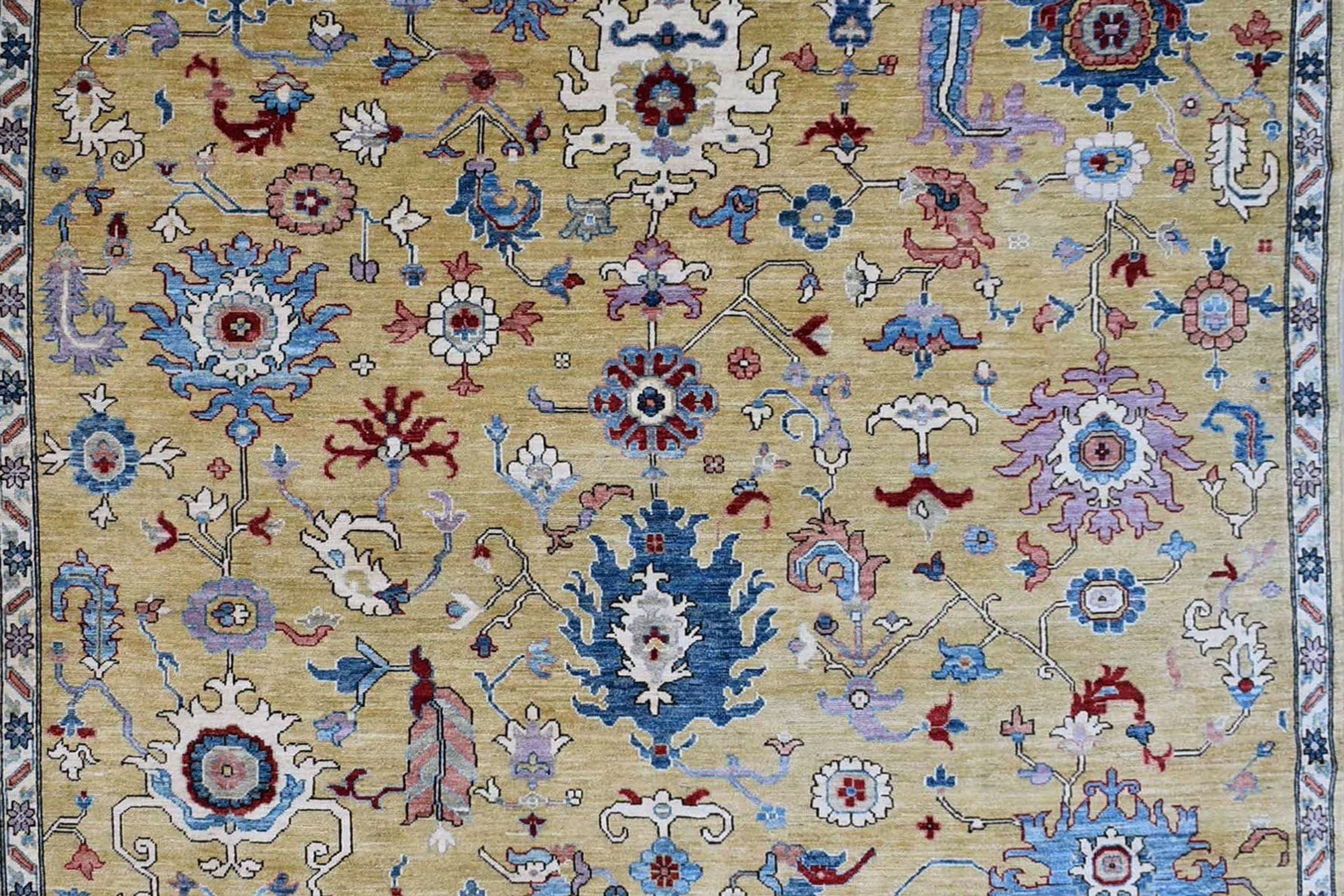 9x12 Green Floral Area Rug, Handmade Ghazni Wool Veg Dye Rug, Dining Table Rug,