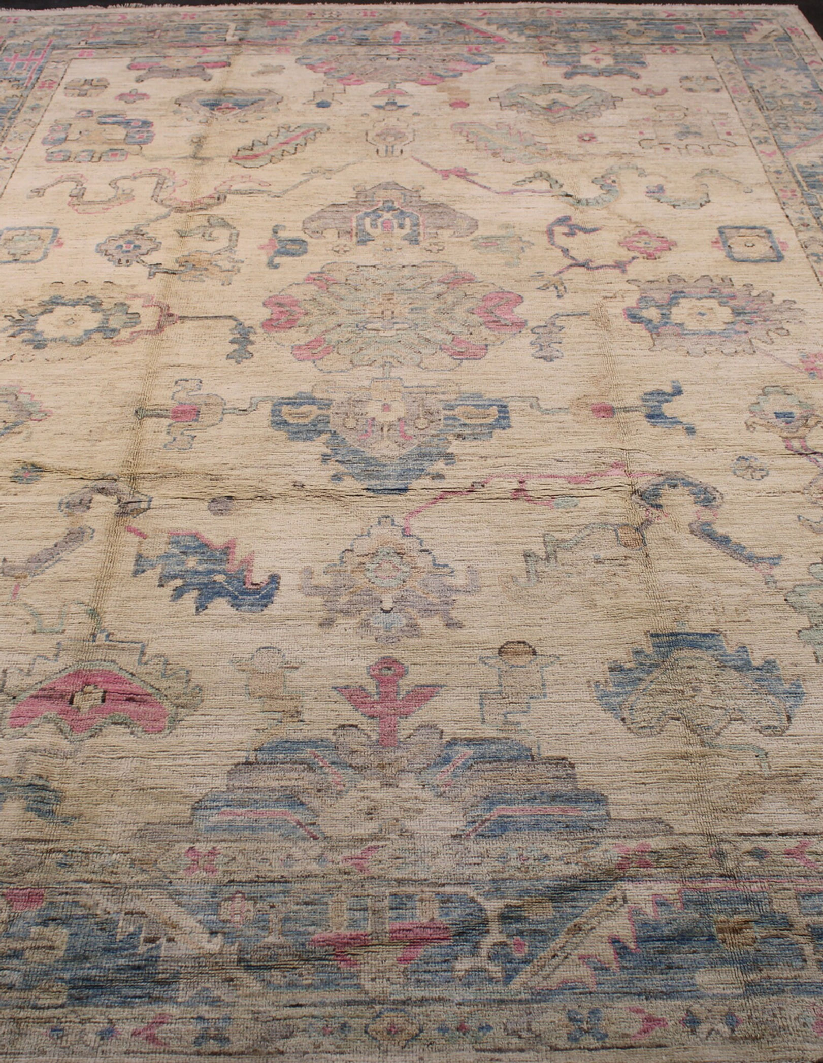 9x13 ft Turkish Oushak Area Rug, Colorful Oriental Designs, Beige Background, 90