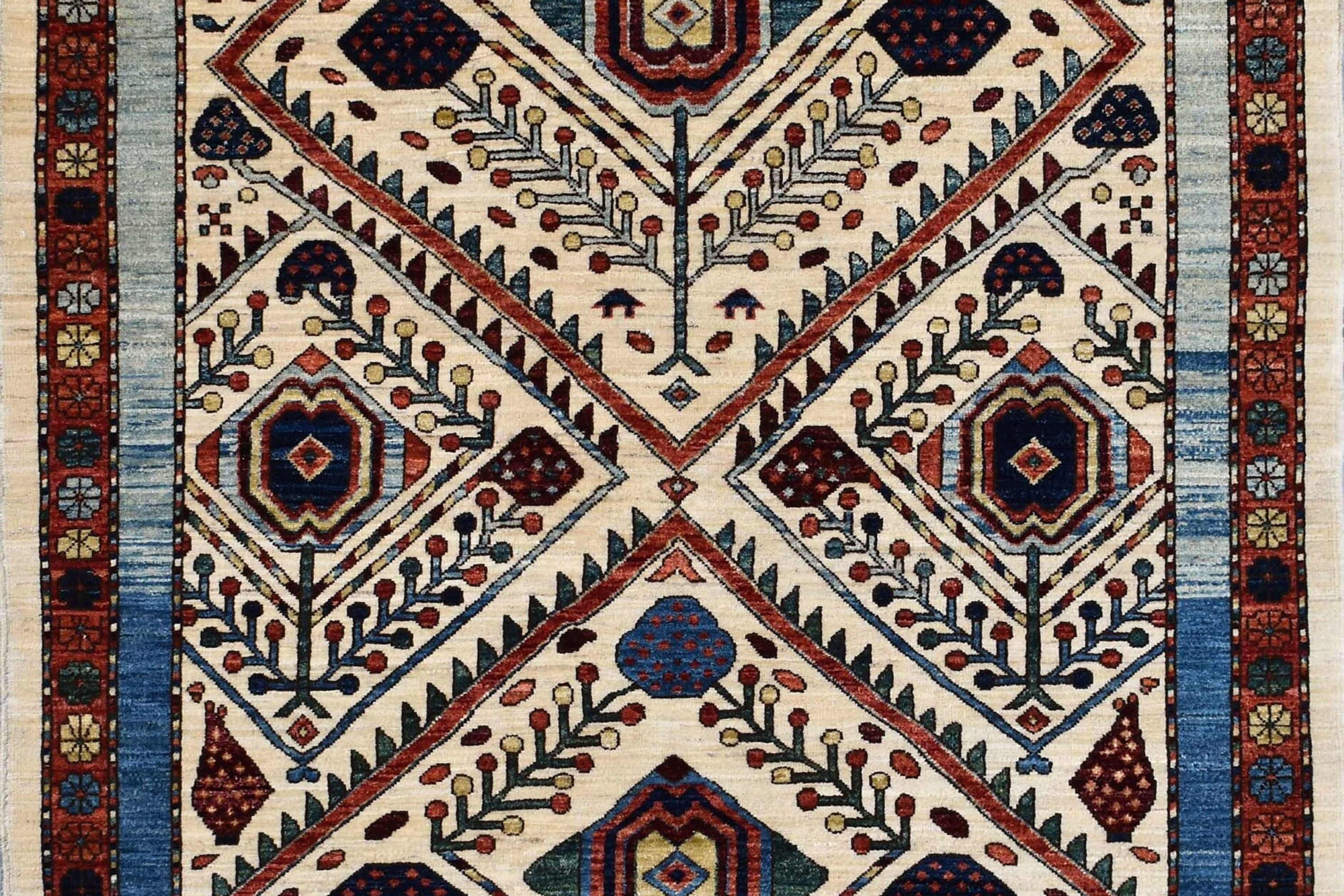 5x8 ft Beige Tribal Area Rug, Geometric Patterns, Hand Knotted Rug, Colorful Bor