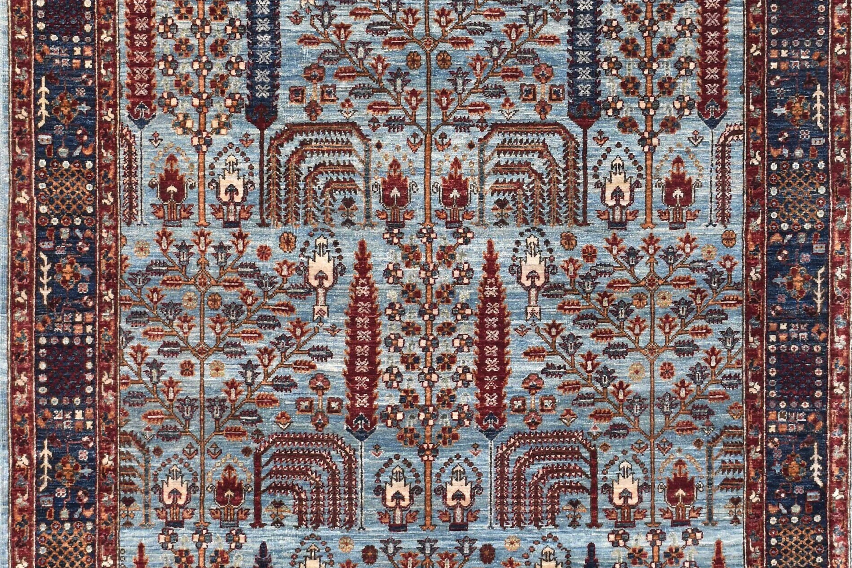 5x8 ft Fine Knotted Cypress Tree Rug, Soft Blue Background, Colorful Border, Han