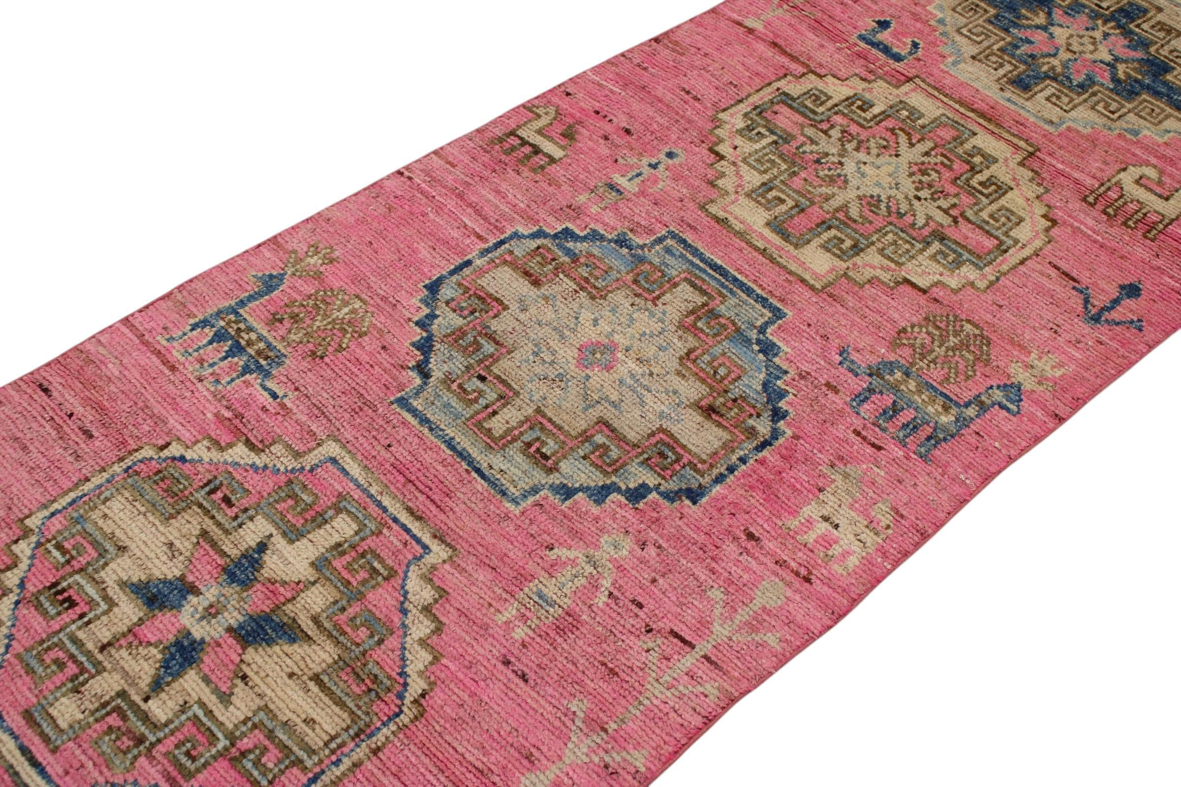 10 Ft Oushak Runner Rug, Pink Blue Cream Hand knotted Wool Turkish runner Rug, S