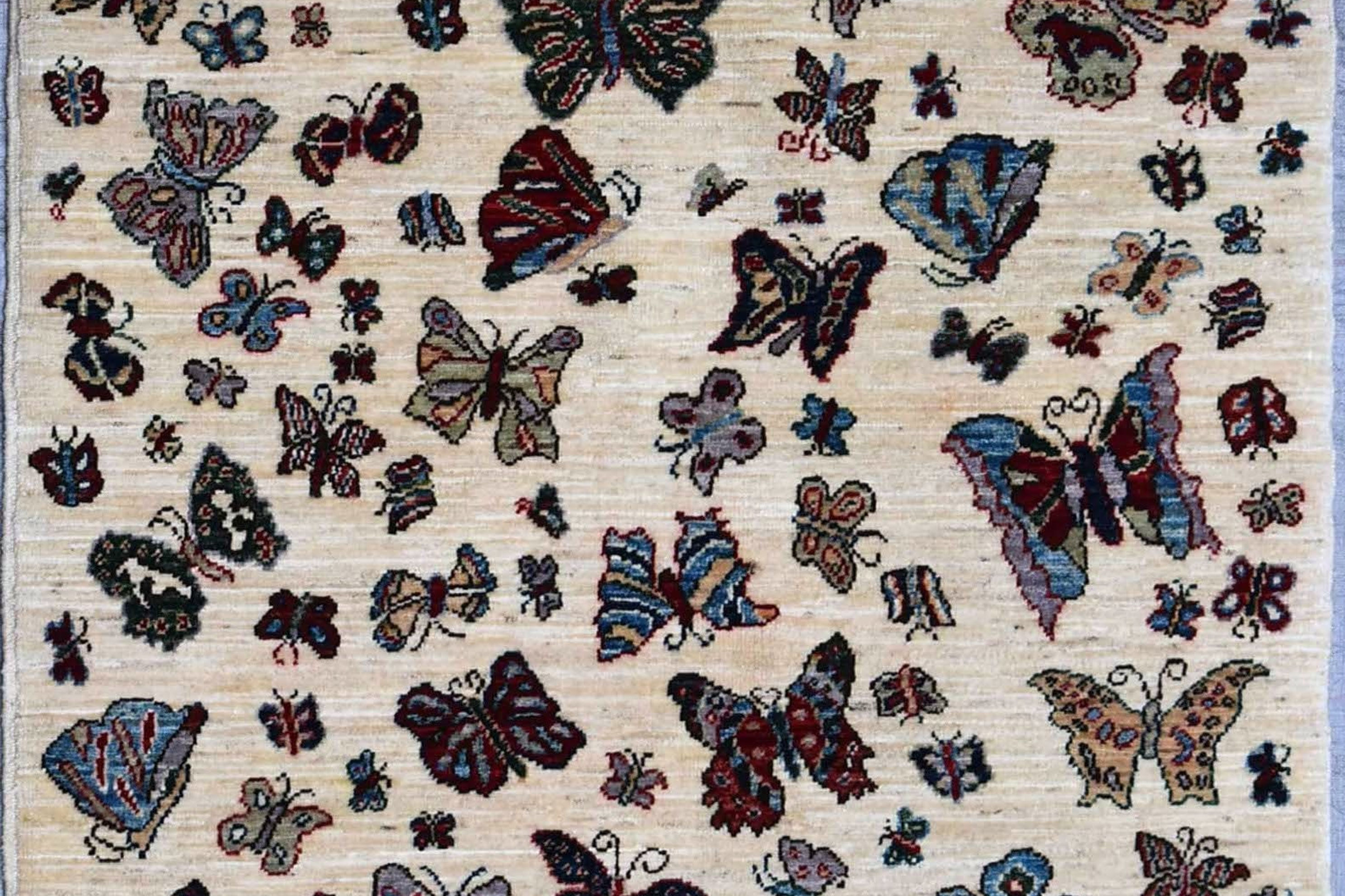 3x5 Butterfly Pictorial Rug, Swarm of Butterflies, Hand Knotted Afghan Rug, Kids