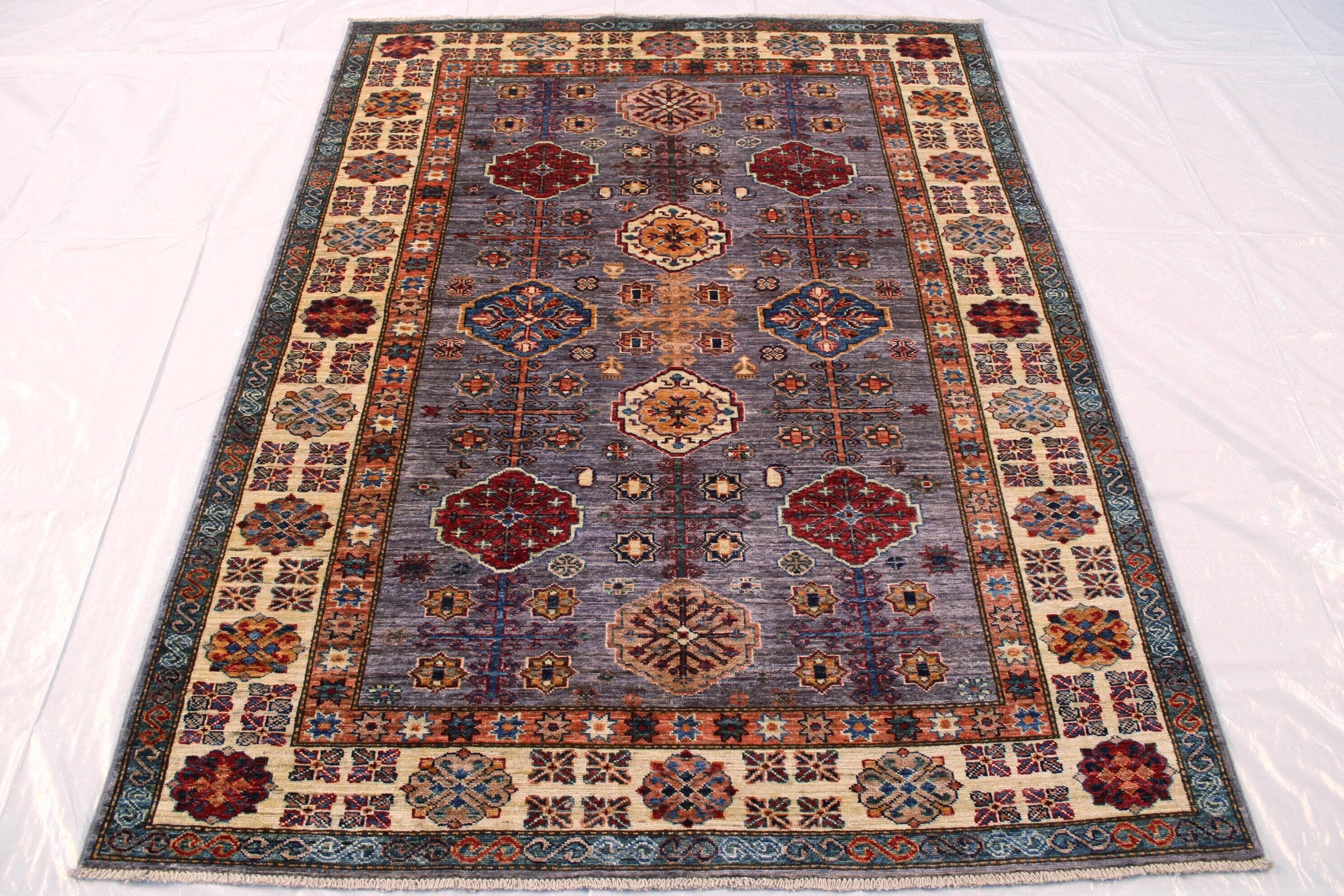 5x7 ft Bordered Kazak Area Rug, Khorjin Area Rug, Ariana Rug, Hand Knotted Afgha