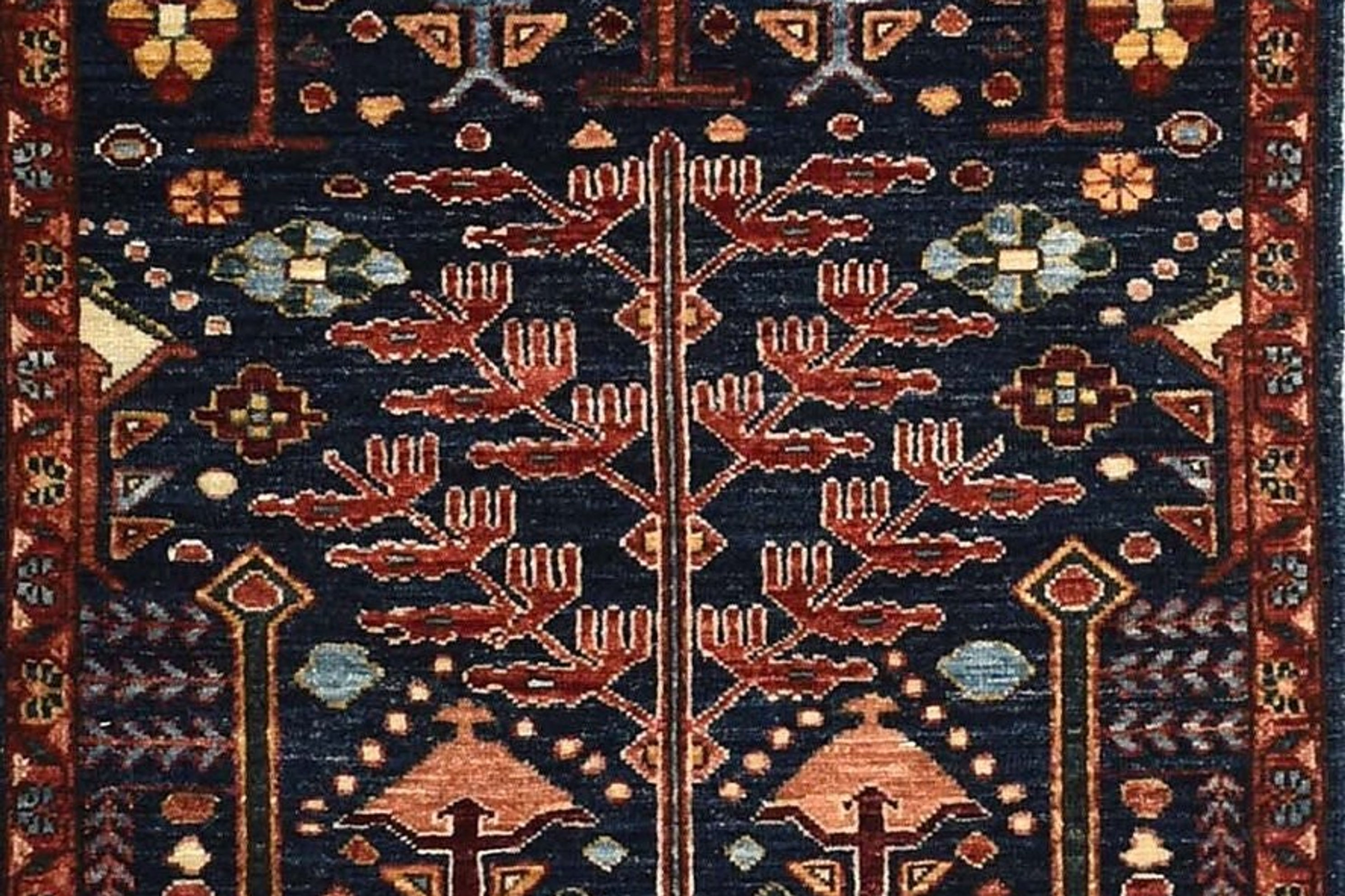3x10 ft Navy Cypress Tree Design Runner, Tree of Life Runner, Traditional Runner