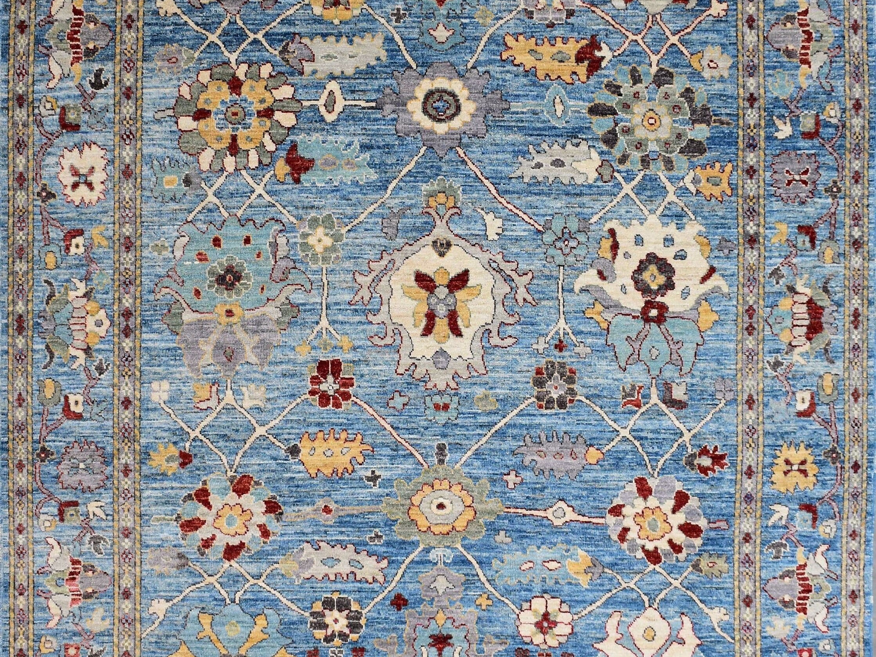 8x10 ft Blue Floral Bordered Rug, Hand Knotted Afghan Rug, Bedroom Rug, Living R
