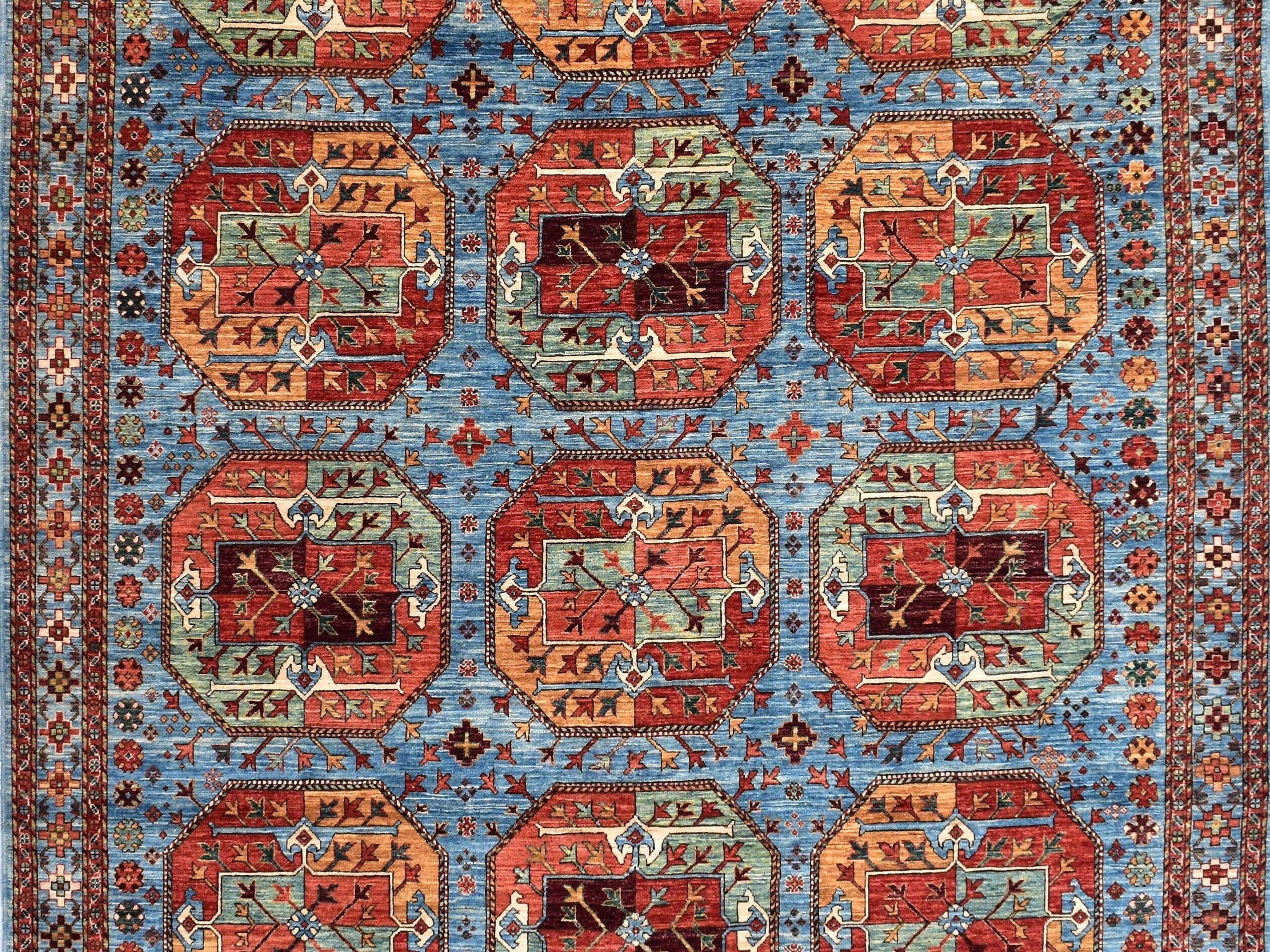 8x10 ft Blue Filpay Design Rug, Hand Knotted Afghan Rug, 4 Seasons Turkmen Desig