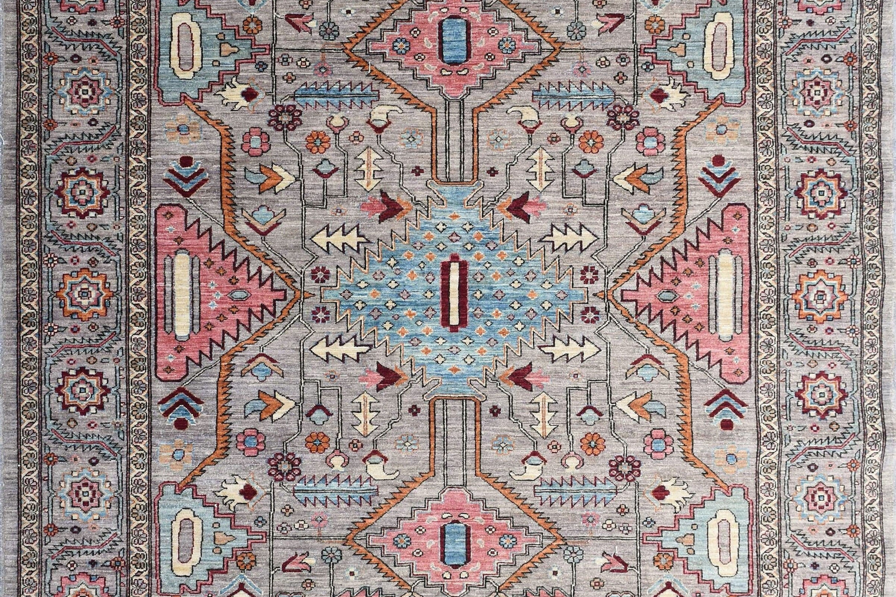 8x10 ft Afghan Bordered Area Rug, Hand Knotted Afghan Rug, Geometric Design, Liv