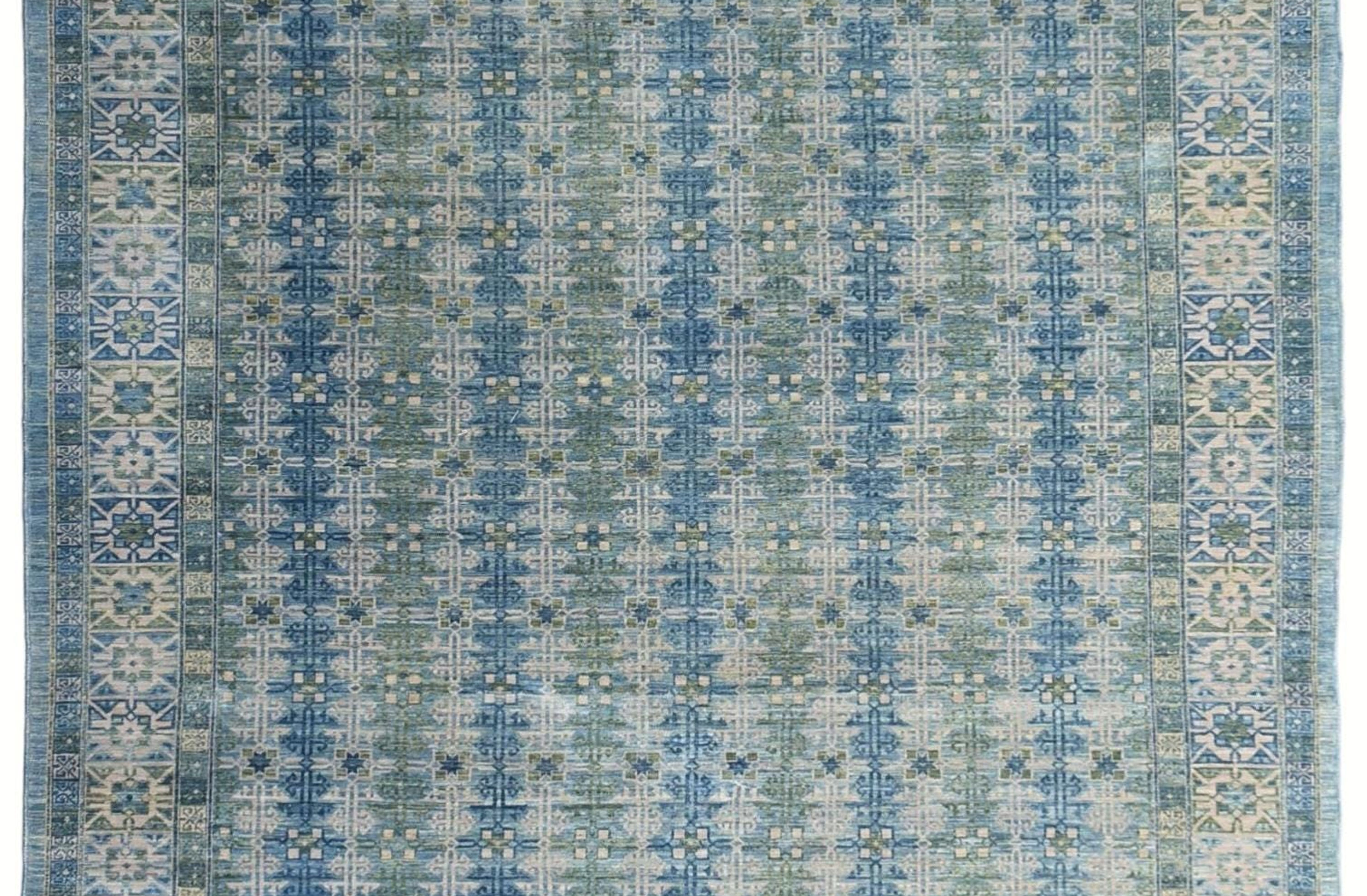 8x10 ft Green Blue Floral All Over Rug - Fine Weaved Persian Style Rug - Wool Ve