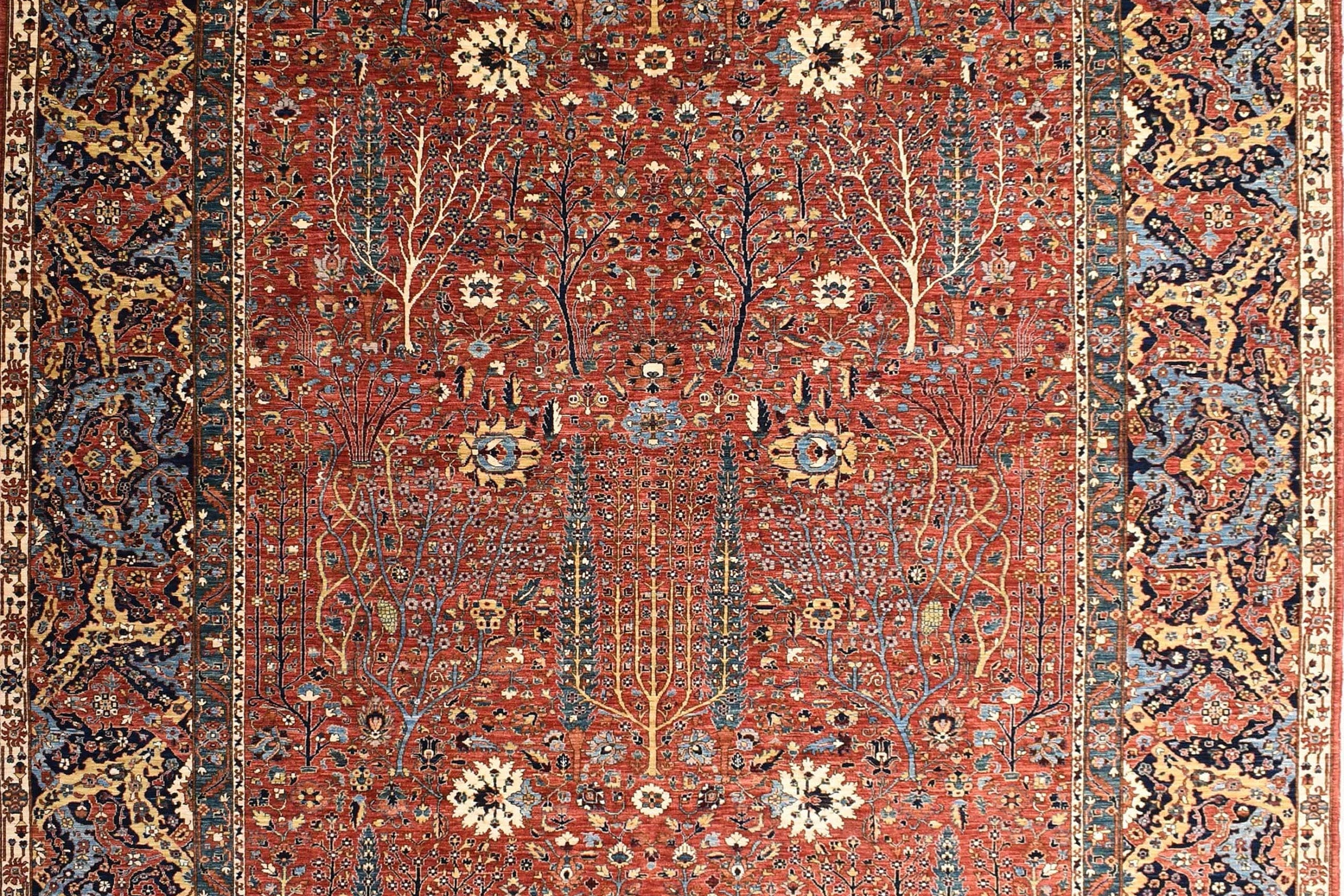 10x14 ft Red Tree of life Rug, Fine Knotted Handmade Veg Dye Rug, Traditional St