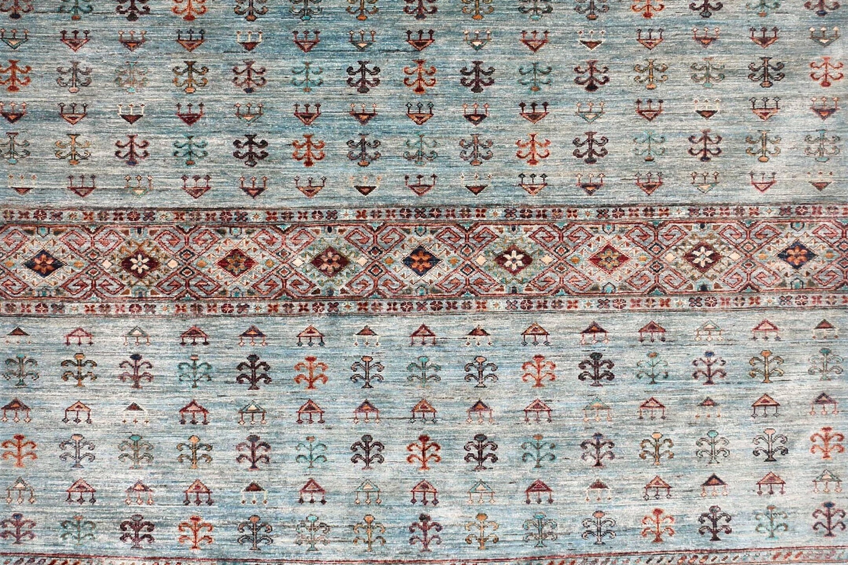 6x9 ft Blue Khorjin Tribal Rug, Parallel Line Patterns, Afghan Khorjin Design, D