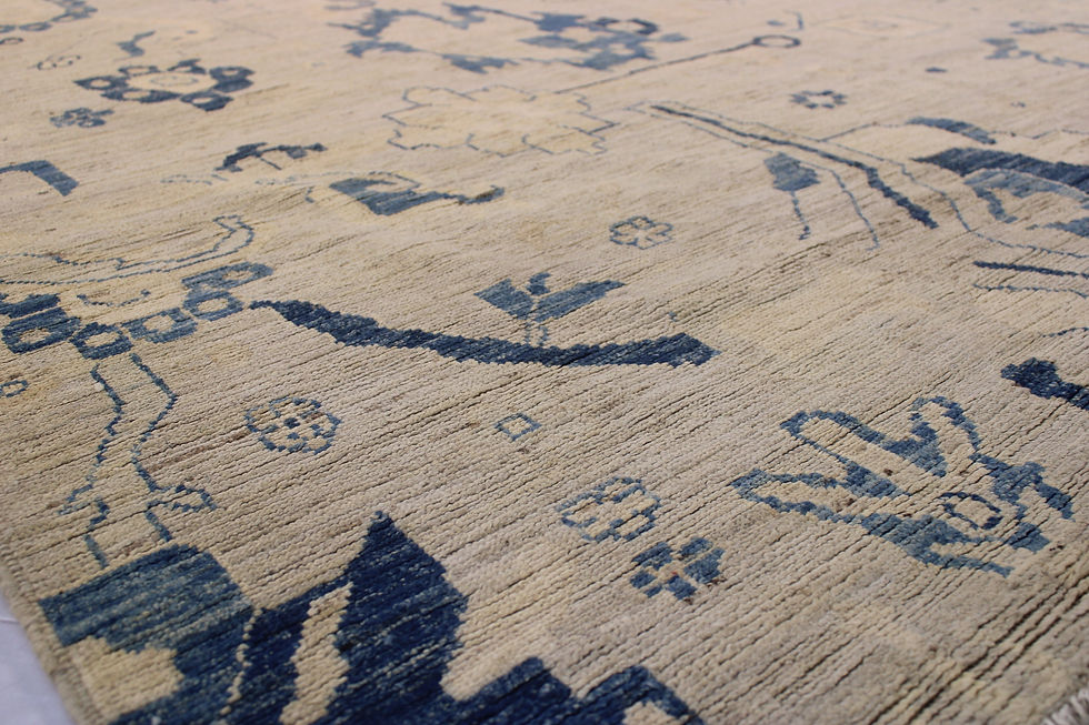 Thumbnail: 9x12 ft Fine Turkish Oushak Design Rug, Blue Patterns on Beige Background, Livin