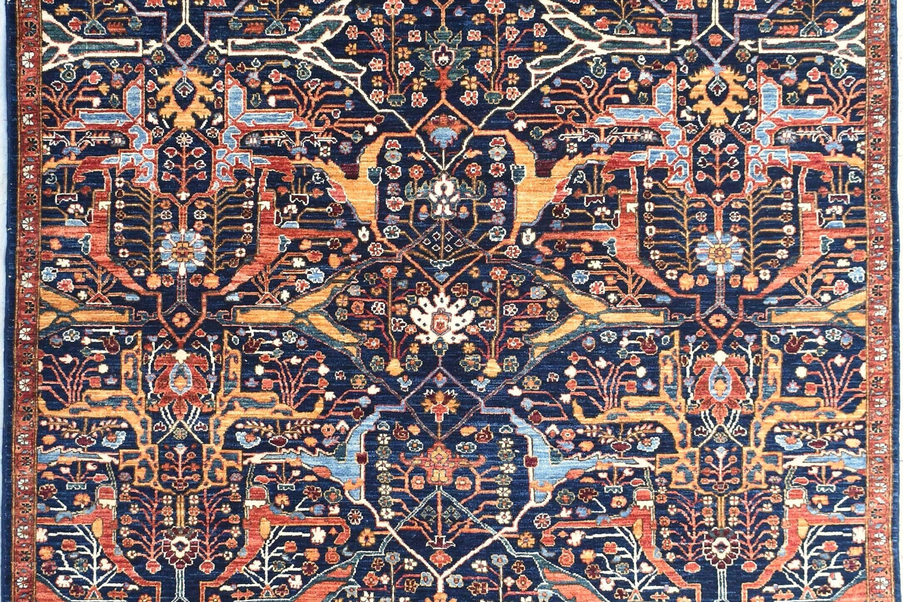 6x9 ft Colorful Persian Bijar Design Rug, Navy Blue Background, Vibrant Oriental
