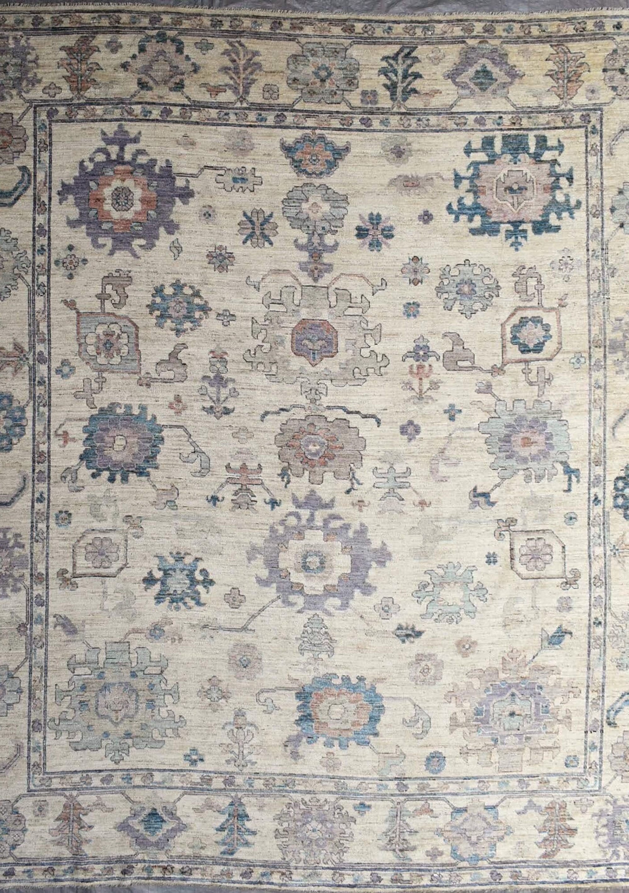 12x15 ft Turkish Ushak Rug, Modern Beige Cream Blue Rug, One of a Kind Rug, Over