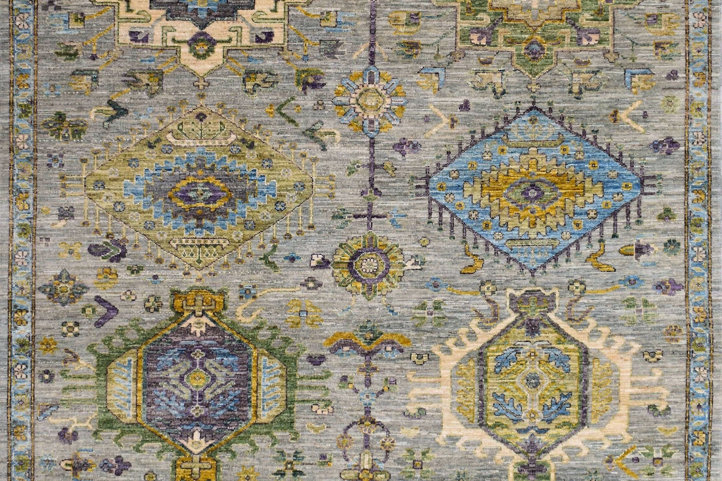 6x9 ft Modern Karaja Design Rug, Green Designs on Gray, Fine Knotted Afghan Rug,