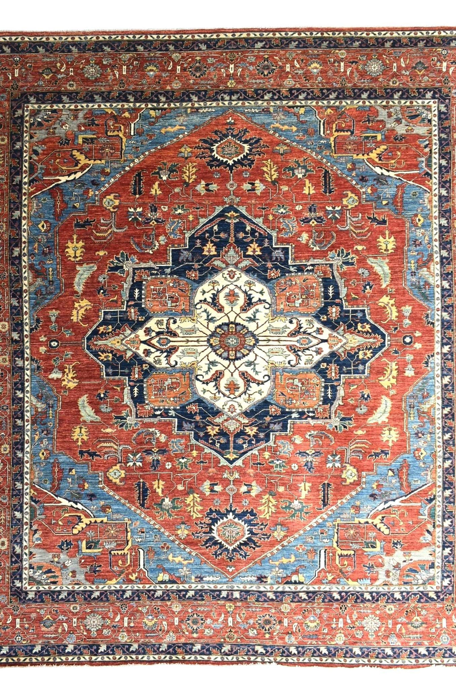 Red 12x15 ft Heriz Rug, Vintage Looking Medallion Rug, Dining Room Rug, Over Siz