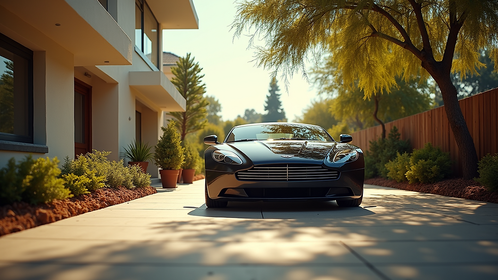Eye-level view of a sleek car parked in a sunny driveway