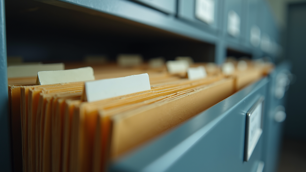 Eye-level view of a well-organized filing cabinet