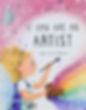 The cover is a whimsical illustration with a pink, glittery background and sparkles scattered throughout. In the foreground, a young girl with blonde, curly hair and a purple headband with butterfly antennas is painting a rainbow with musical notes and glittery sparkles flowing from it. She is holding a brown palette with a few blobs of paint on it, and she's wearing a denim apron with a few colorful pencils and paintbrushes in the front pocket. A faint, light blue butterfly with a delicate pattern on its wings flutters at the top left of the cover.