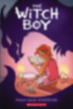 The cover of The Witch Boy by Molly Knox Ostertag shows a boy kneeling on the floor surrounded by magical items—candles, herbs, and a book of spells—while casting a cautious glance behind him. Looming over him is the dark, shadowy silhouette of a monstrous creature, creating a mysterious and suspenseful atmosphere.