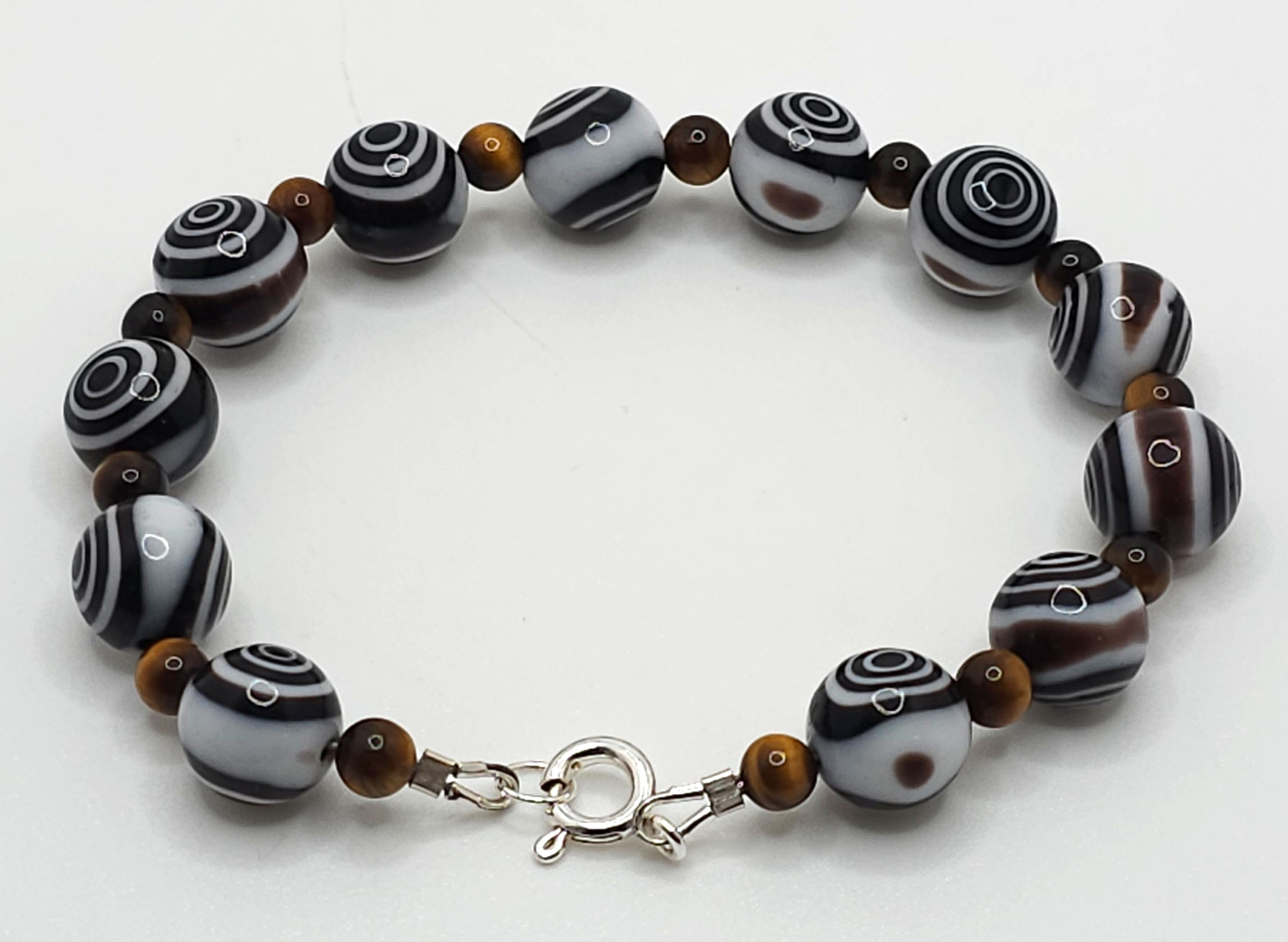 Black and White Glass Eye Dot Bracelet w/Tiger Eye Gemstones and SS Clasp