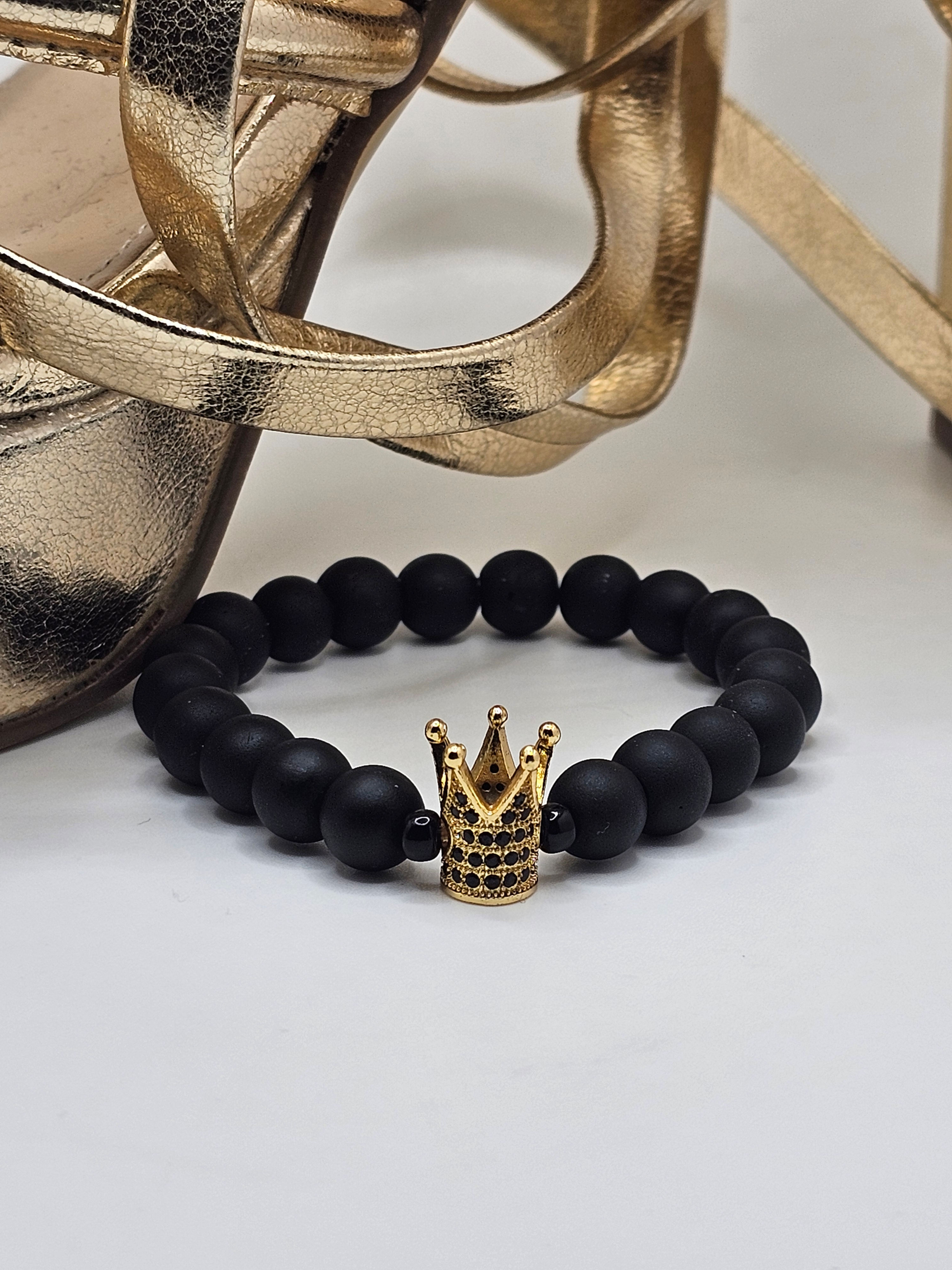 Black Glass Bracelet w/Gold-Plated Black Rhinestone Crown Charm