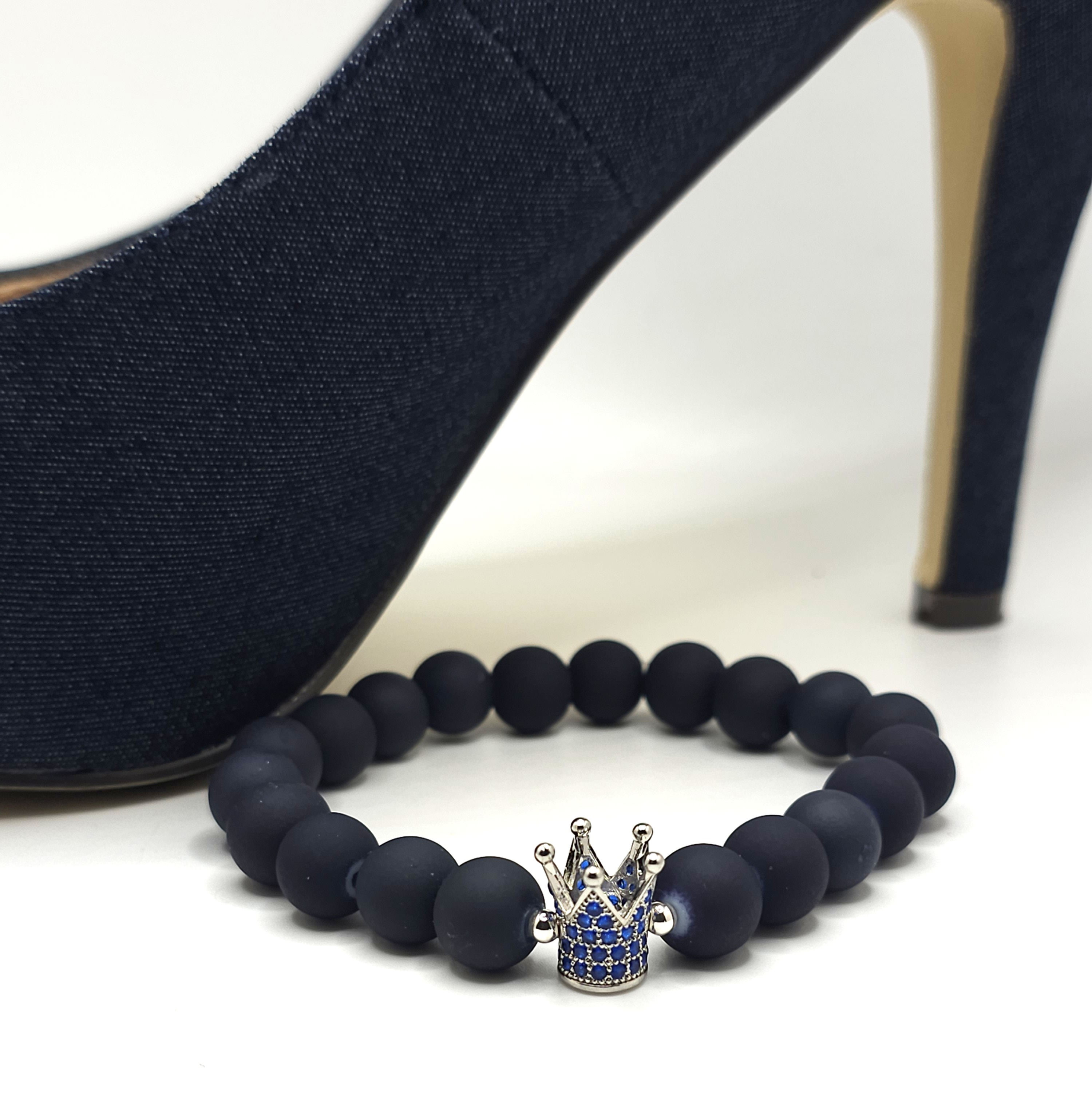 Blue Rubber Coated Glass Bracelet w/Silver-Plated Crown and Blue Rhinestones