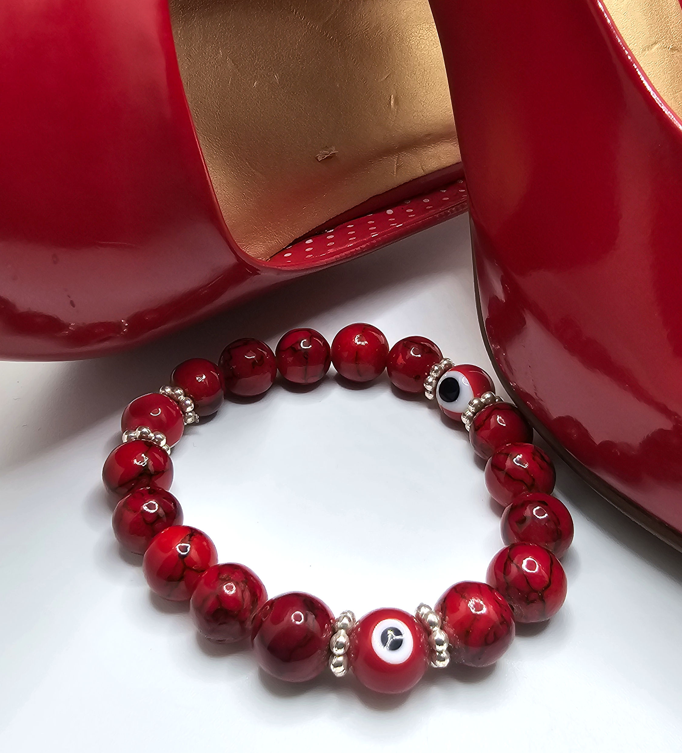 Red Quartz Stone and Red Evil Eyes Bracelet w/Silver-Plated Rondelles