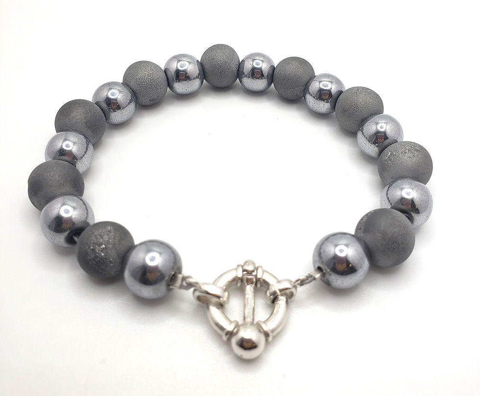 Thumbnail: Grey Druzy and Silver Hematite Bracelet wSterling Silver Ball and Circle Clasp